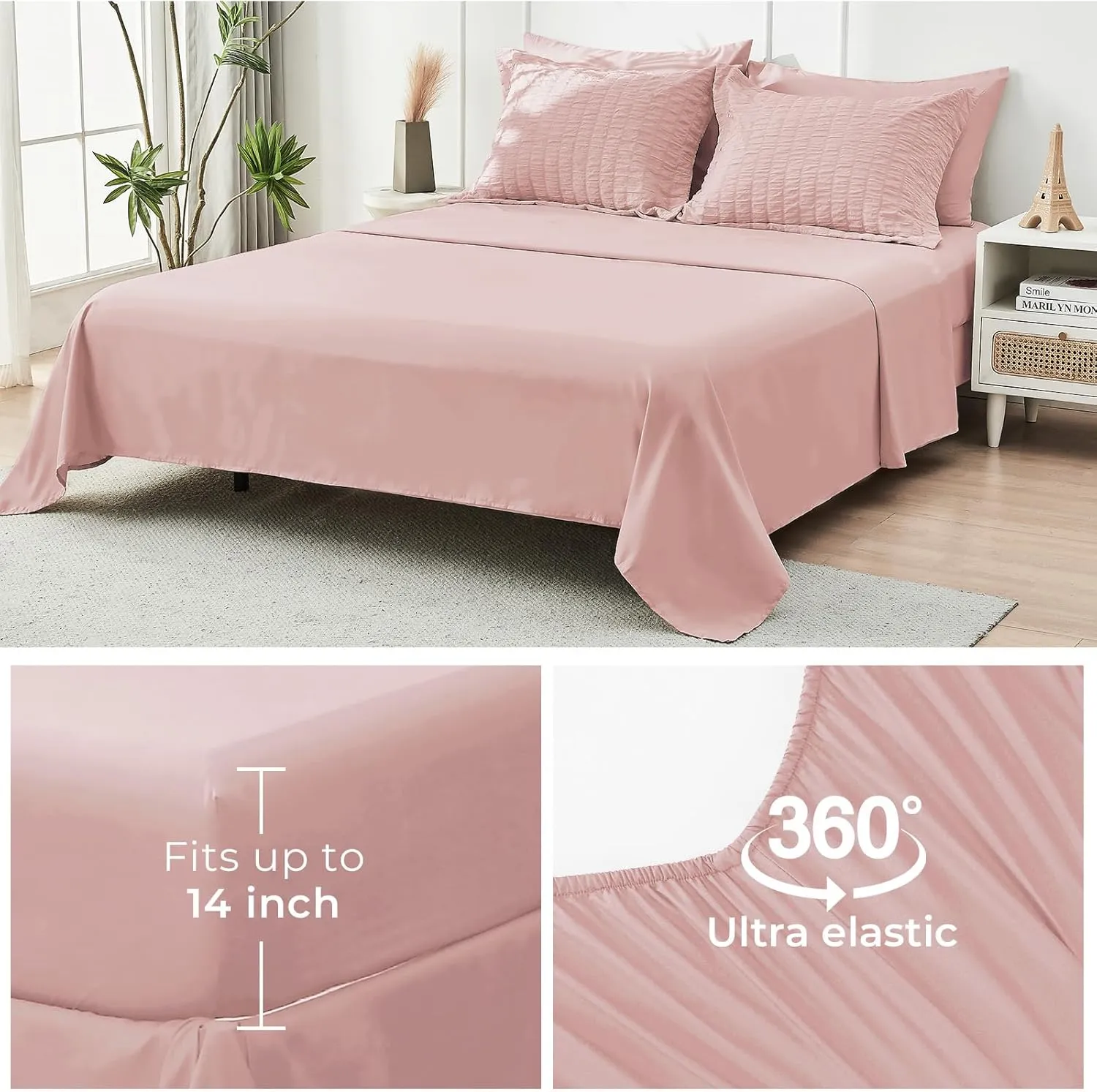 HYMOKEGE Rose Gold Queen Comforter Set Seersucker 7 Pieces, All Season Luxury Bed in a Bag for Bedroom, Bedding Set with Comforters, Sheets, Pillowcases & Shams