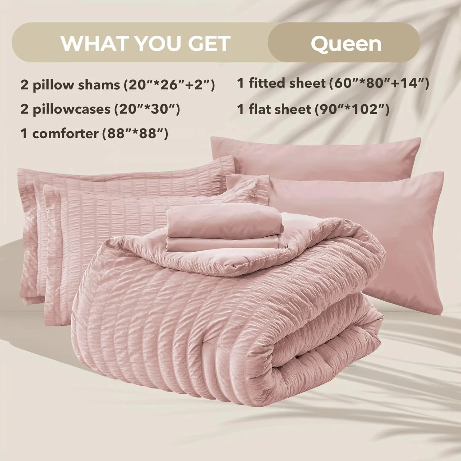 HYMOKEGE Rose Gold Queen Comforter Set Seersucker 7 Pieces, All Season Luxury Bed in a Bag for Bedroom, Bedding Set with Comforters, Sheets, Pillowcases & Shams