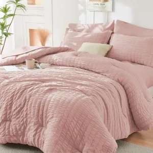 HYMOKEGE Rose Gold Queen Comforter Set Seersucker 7 Pieces, All Season Luxury Bed in a Bag for Bedroom, Bedding Set with Comforters, Sheets, Pillowcases & Shams
