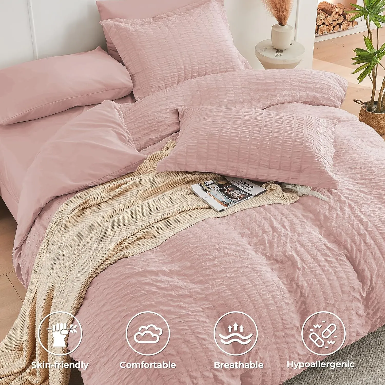 HYMOKEGE Rose Gold Queen Comforter Set Seersucker 7 Pieces, All Season Luxury Bed in a Bag for Bedroom, Bedding Set with Comforters, Sheets, Pillowcases & Shams