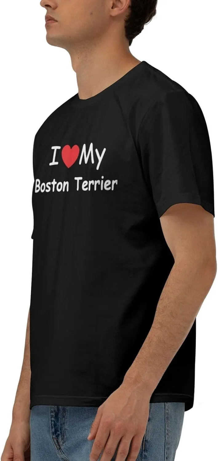 I Love My Boston Terrier Men's Short Sleeve T-Shirt Cotton Athletic Workout Casual Shirts Quick-Drying Tees Black