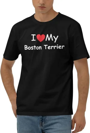 I Love My Boston Terrier Men's Short Sleeve T-Shirt Cotton Athletic Workout Casual Shirts Quick-Drying Tees Black