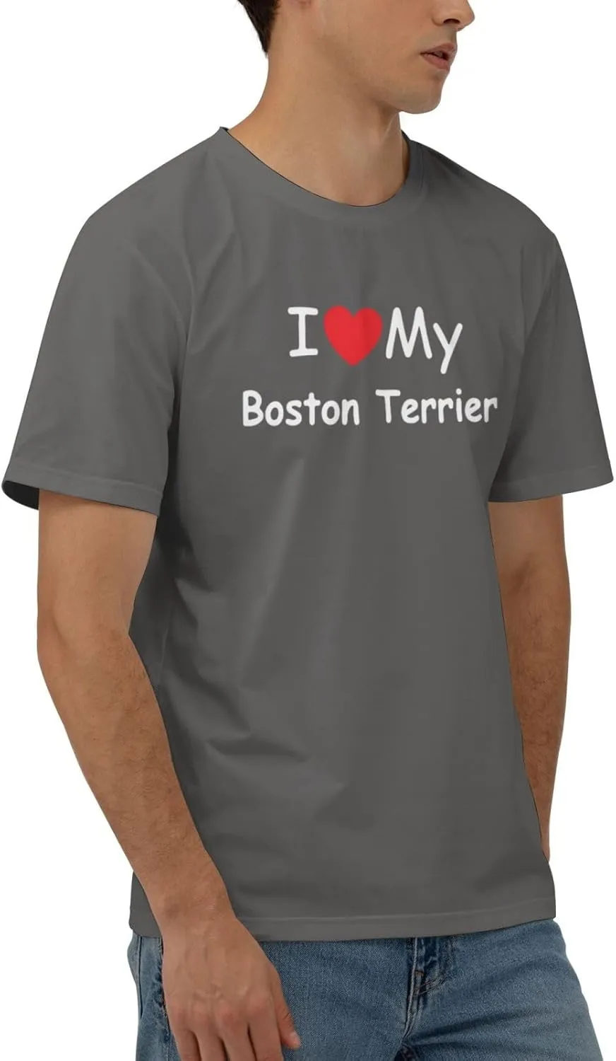 I Love My Boston Terrier Men's Short Sleeve T-Shirt Cotton Athletic Workout Casual Shirts Quick-Drying Tees Black