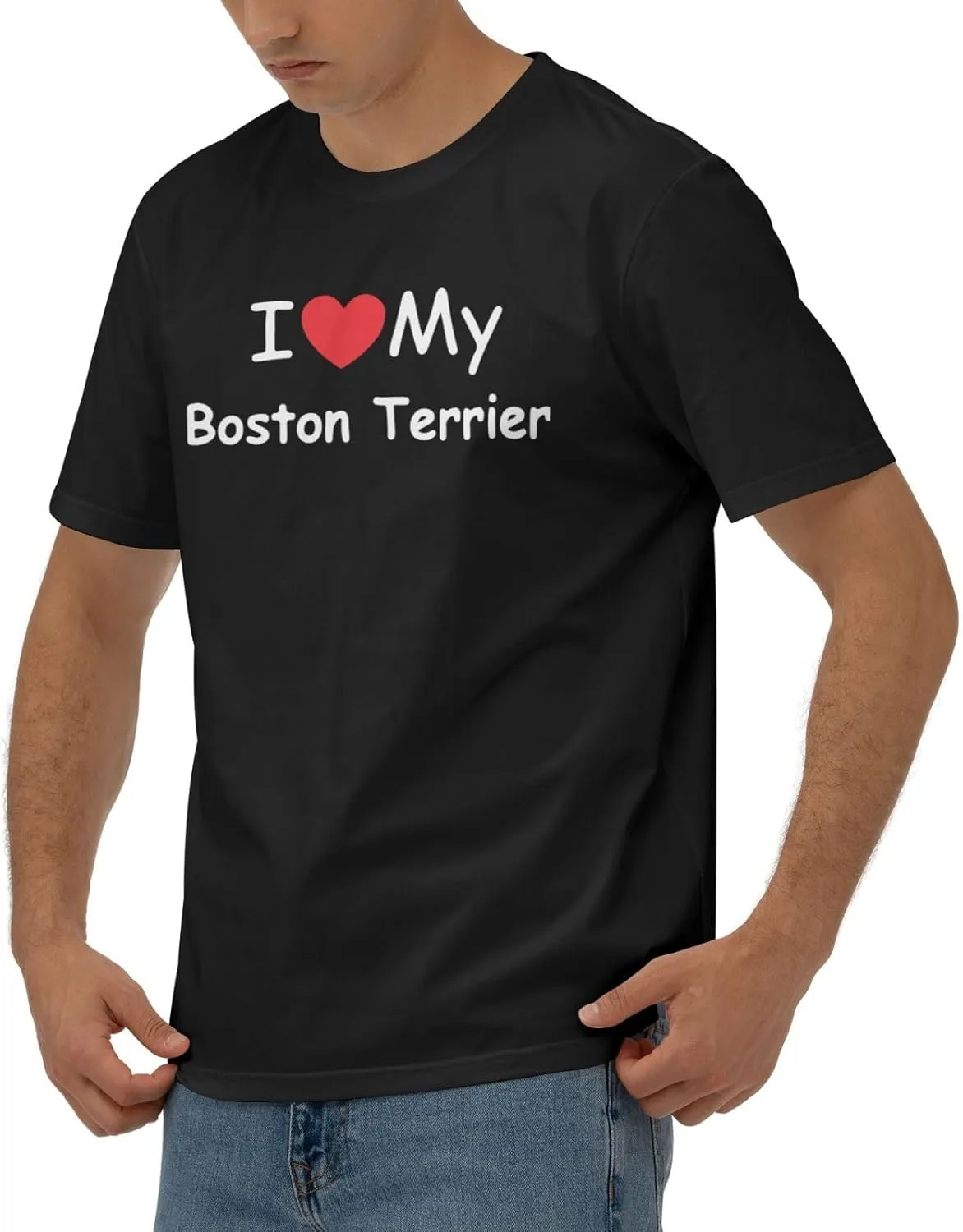 I Love My Boston Terrier Men's Short Sleeve T-Shirt Cotton Athletic Workout Casual Shirts Quick-Drying Tees Black
