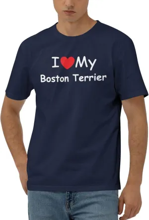 I Love My Boston Terrier Men's Short Sleeve T-Shirt Cotton Athletic Workout Casual Shirts Quick-Drying Tees Black