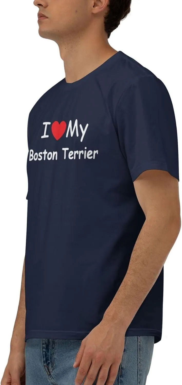 I Love My Boston Terrier Men's Short Sleeve T-Shirt Cotton Athletic Workout Casual Shirts Quick-Drying Tees Black