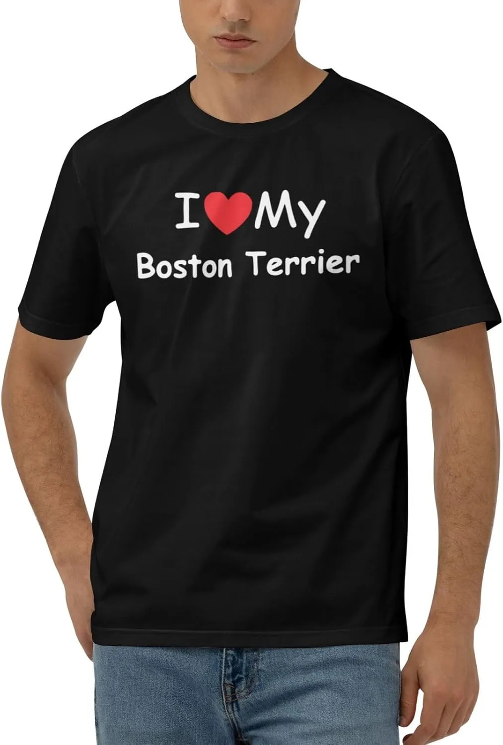 I Love My Boston Terrier Men's Short Sleeve T-Shirt Cotton Athletic Workout Casual Shirts Quick-Drying Tees Black