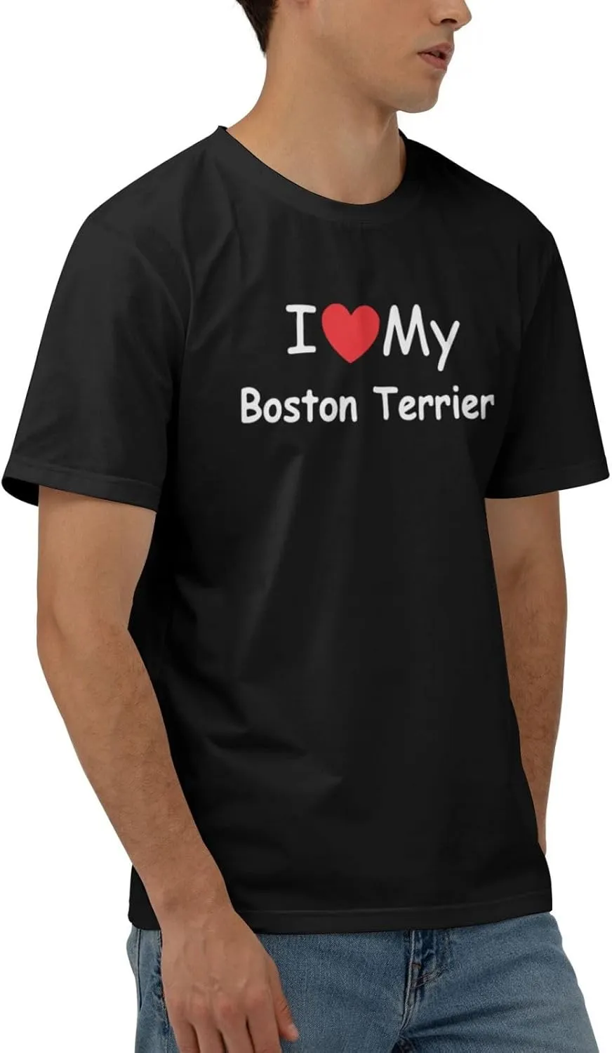 I Love My Boston Terrier Men's Short Sleeve T-Shirt Cotton Athletic Workout Casual Shirts Quick-Drying Tees Black