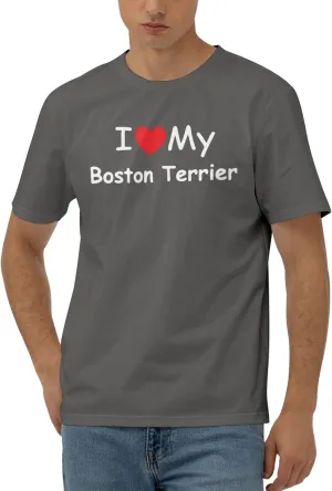 I Love My Boston Terrier Men's Short Sleeve T-Shirt Cotton Athletic Workout Casual Shirts Quick-Drying Tees Black