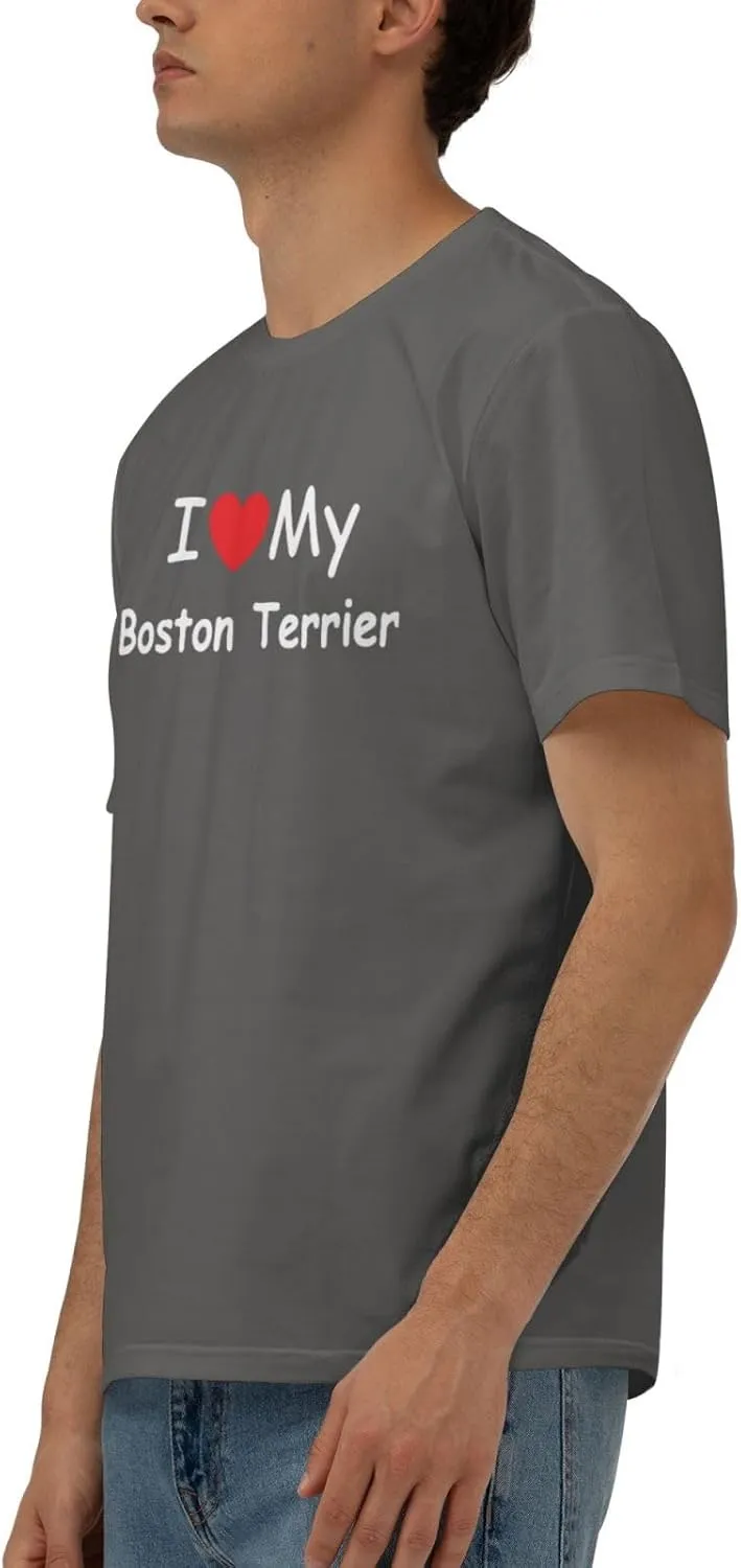 I Love My Boston Terrier Men's Short Sleeve T-Shirt Cotton Athletic Workout Casual Shirts Quick-Drying Tees Black