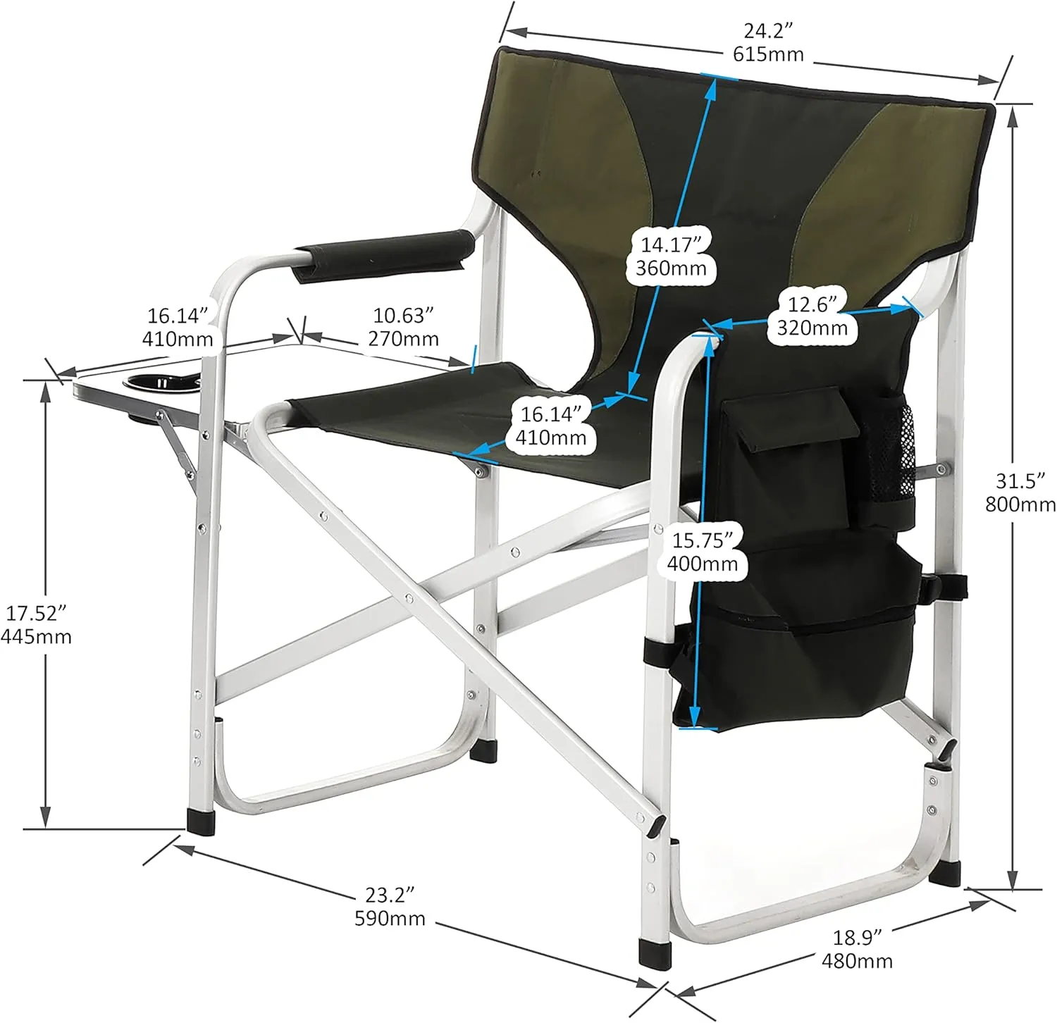IANIYA Aluminum Camping Chair Lightweight Oversized Folding Camping Chair with Side Table and Storage Pockets (GREEN)