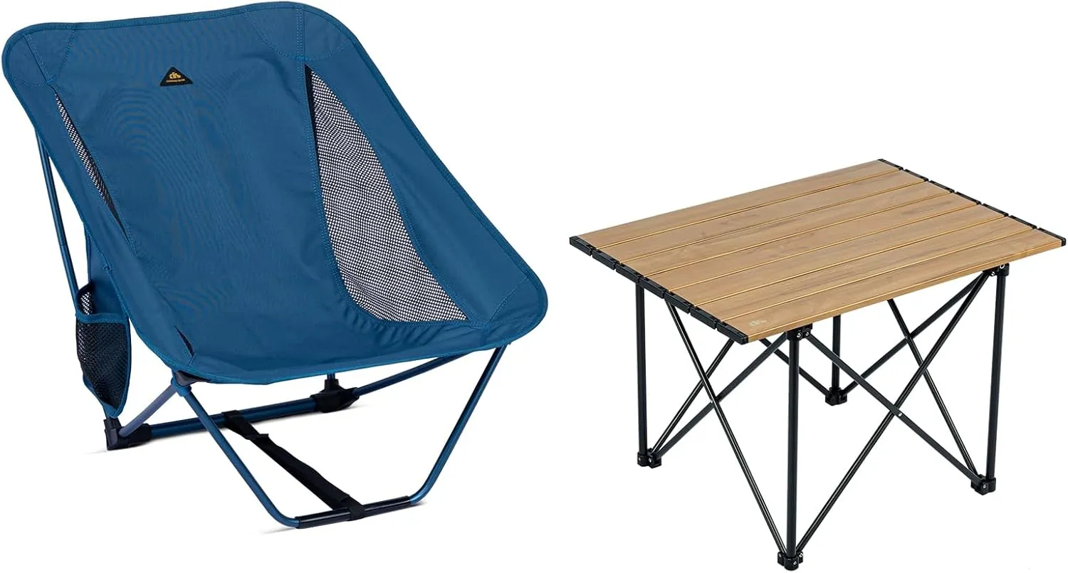iClimb 1 Folding Table and 1 Low Folding Chair Bundle, Ultralight Compact for Adults Outdoor Backpacking Camping Hiking Concert Motorcycling