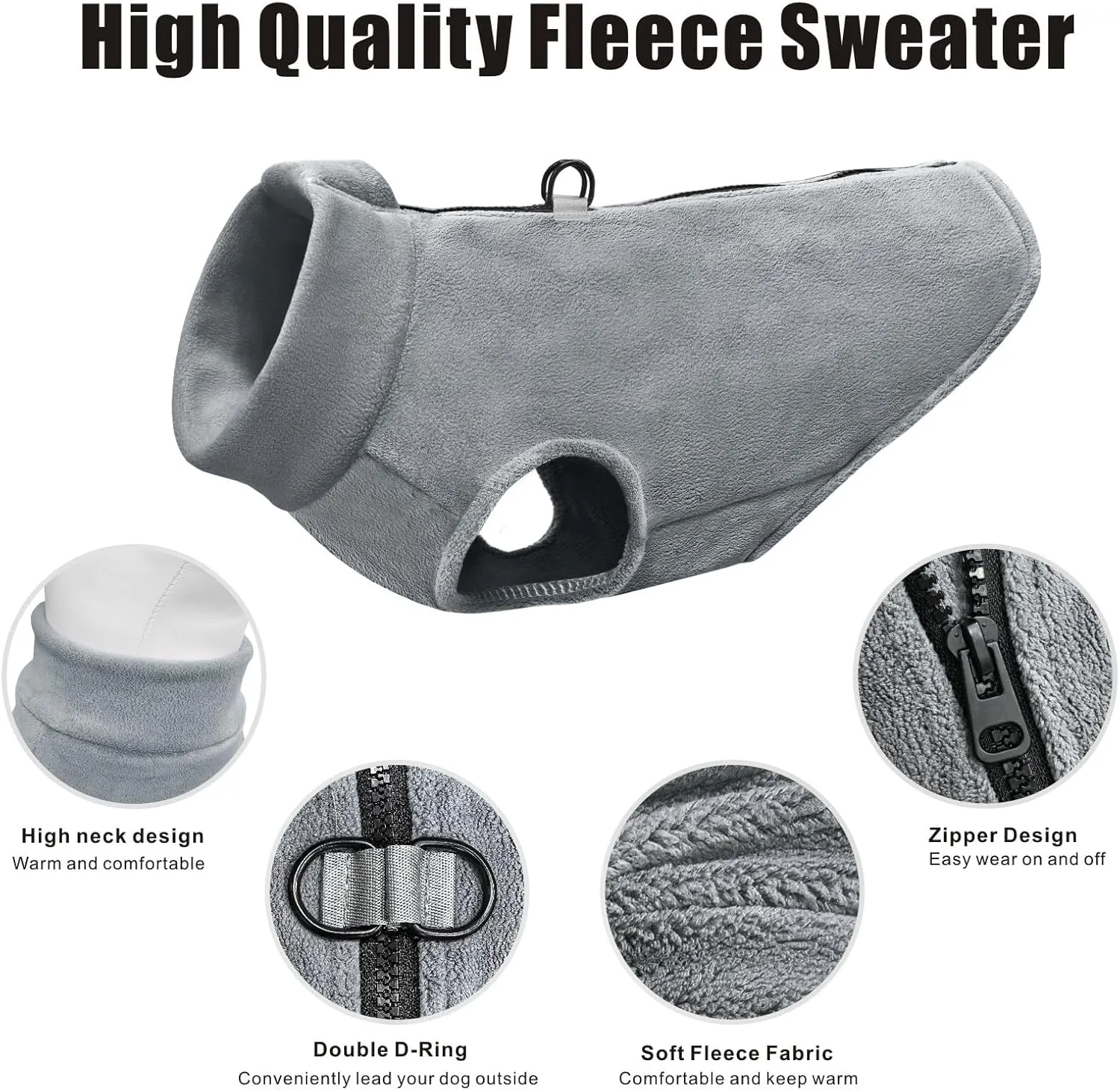 Idepet Dog Fleece Vest Sweater Zip Up Warm Pullover Dogs Jacket with D-Ring Leash Winter Cold Weater Coat Pet Sweatershirt Clothes Hoodie for Small Medium Dogs Boy Girl (Gray, XL)
