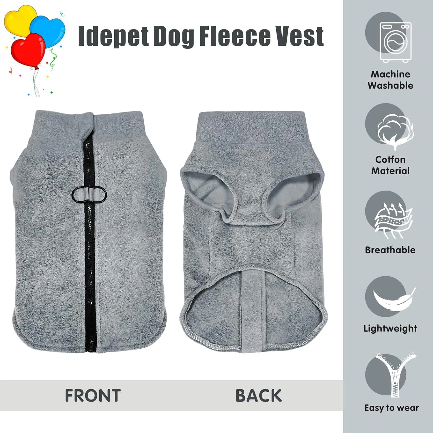 Idepet Dog Fleece Vest Sweater Zip Up Warm Pullover Dogs Jacket with D-Ring Leash Winter Cold Weater Coat Pet Sweatershirt Clothes Hoodie for Small Medium Dogs Boy Girl (Gray, XL)