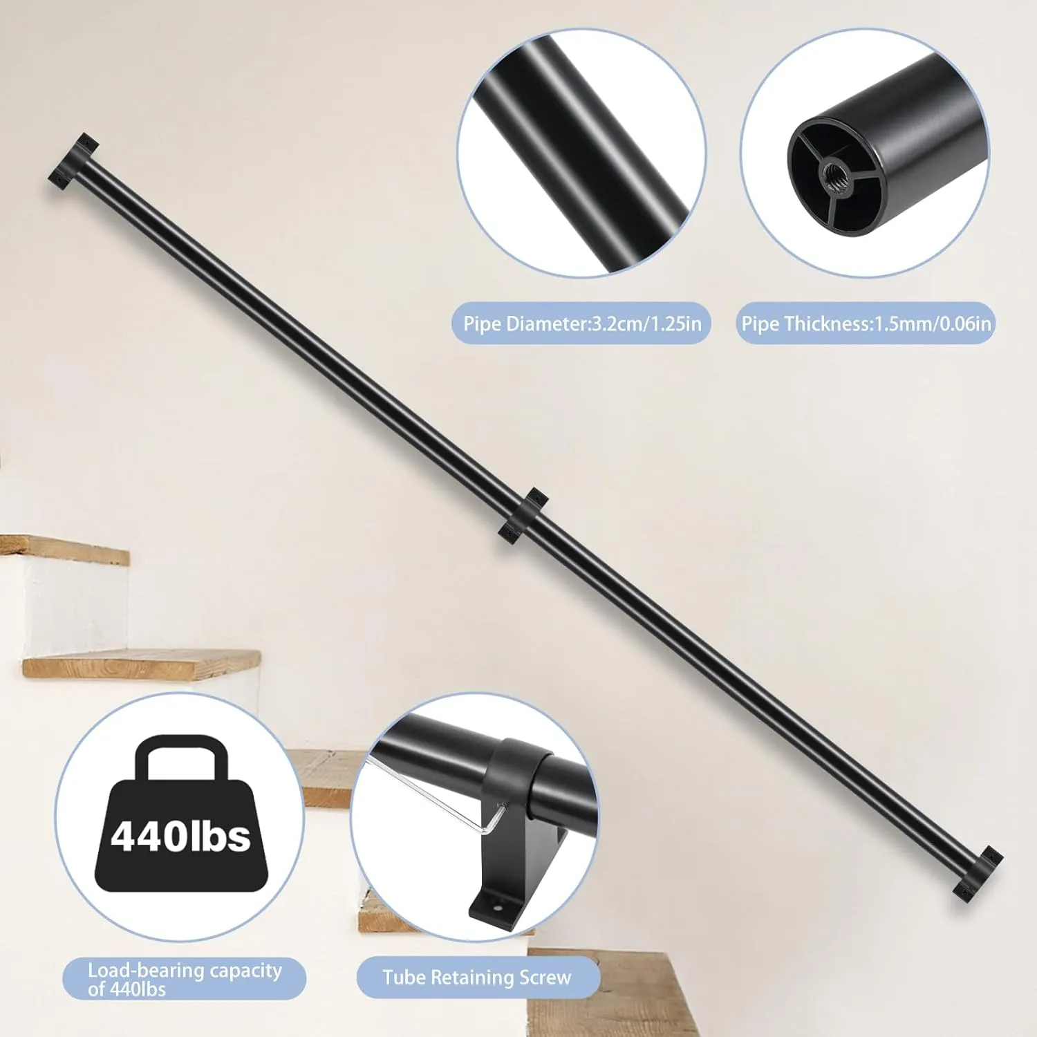 Industrial Stair Railing Metal Hand Rails for Indoor & Outdoor Steps Wall Mount Hand Rails for Indoor Stairs 1.25" Pipe Stair Handrail for Steps Aluminum Staircase Handrail Hand Railing 6ft