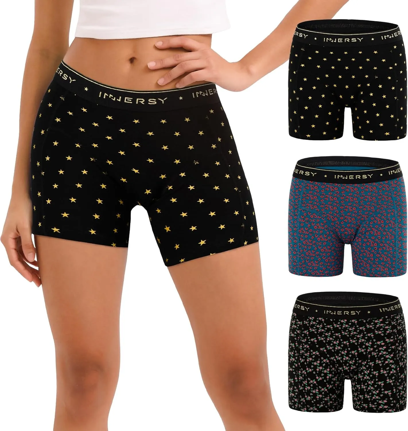 INNERSY Women's 4" Inseam Boxers Briefs Cotton Boyshorts Underwear Ladies Panties 3-Pack