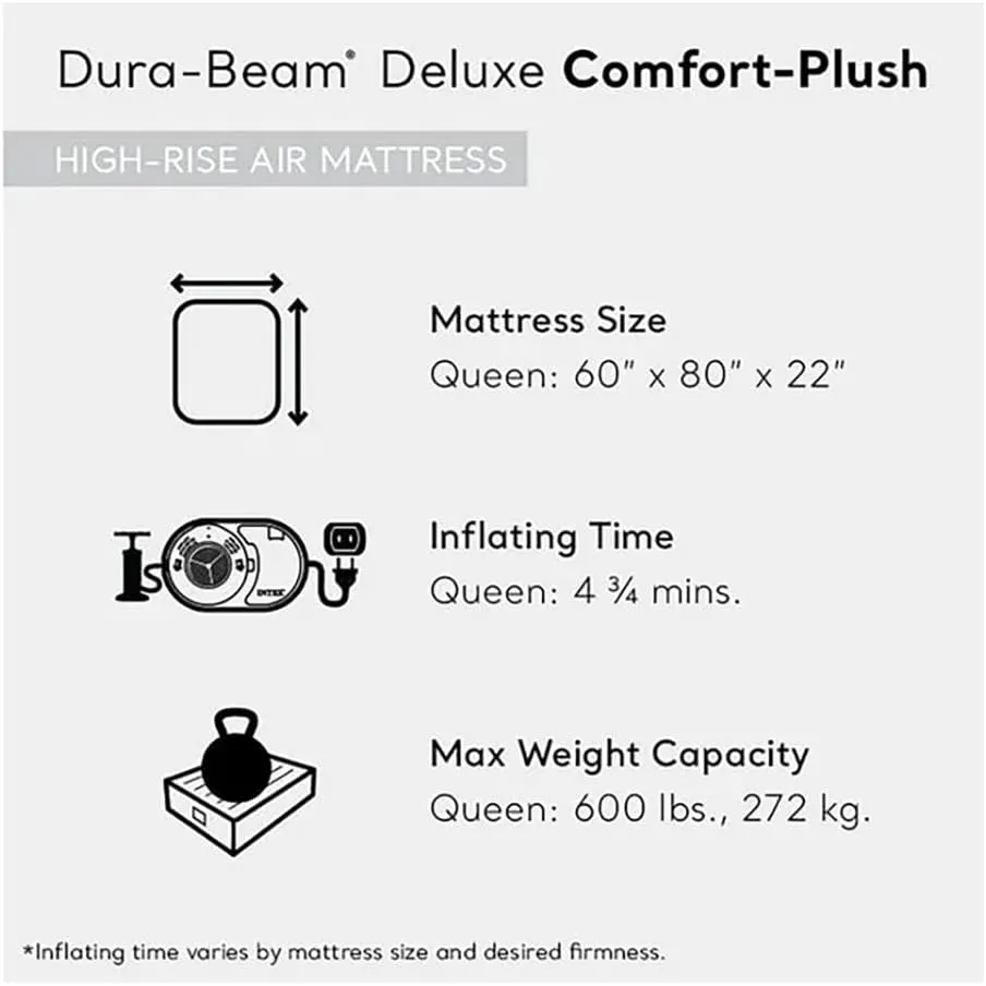 Intex: Dura-Beam Deluxe Comfort-Plush Air Mattress - 22" Queen Blue - Built-in Electric Pump, Durable Fiber-Tech, Carry Bag Included, 600lb Capacity