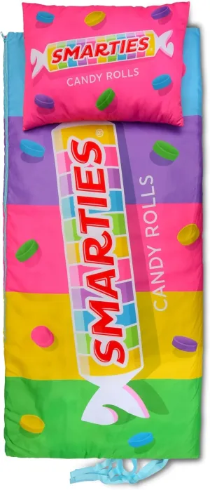 iscream Smarties Print Cozy Silky Soft Fleece Lined Sleeping Bag and Pillow Set for Kids - Candy Roll