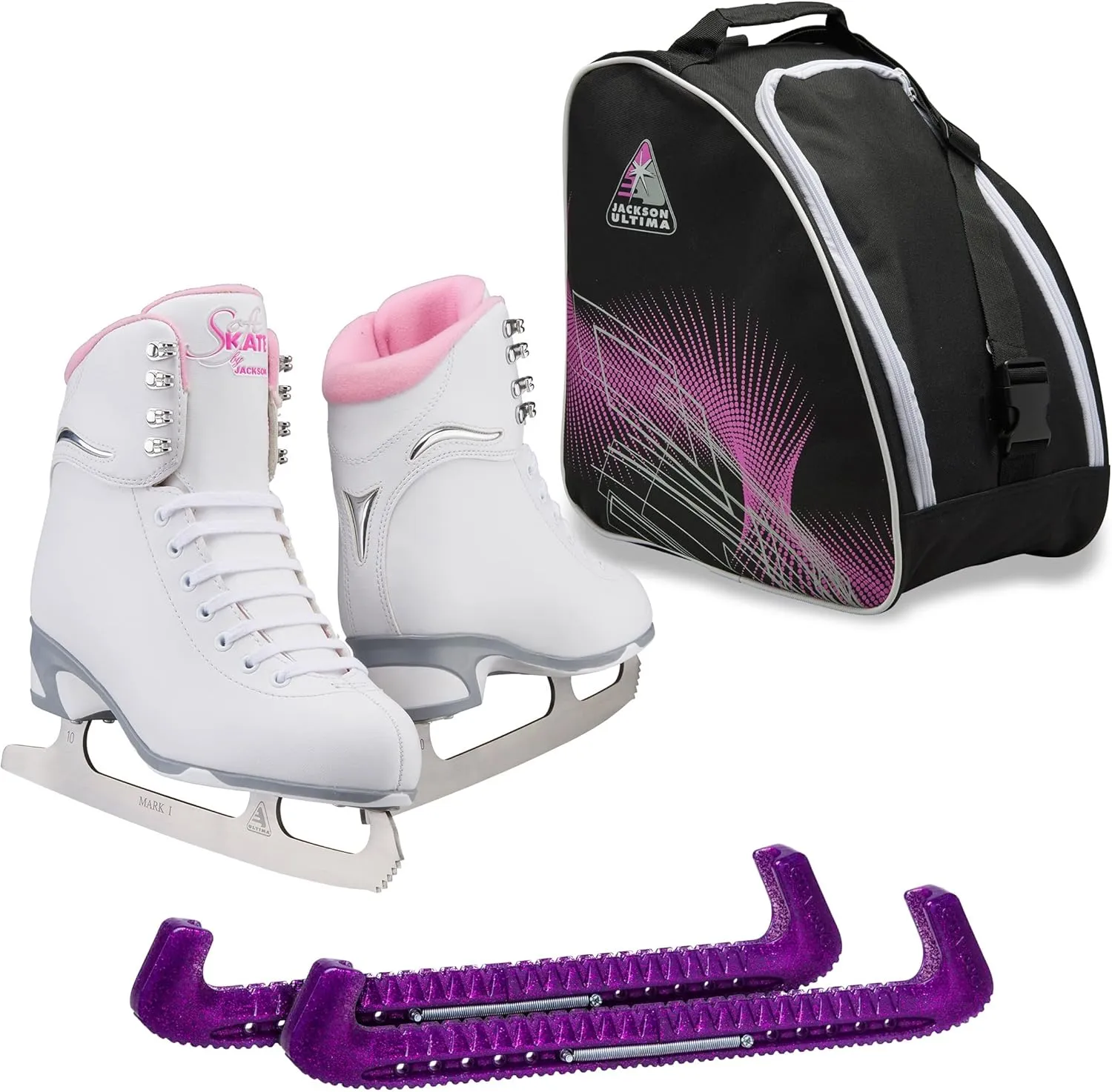 Jackson Ultima Finesse JS180 Figure Ice Skates for Women Bundle with Guardog Skate Guards, Jackson Skate Bag JL350 / Skates Color: Pink/Width: Medium/Size: Adult 4