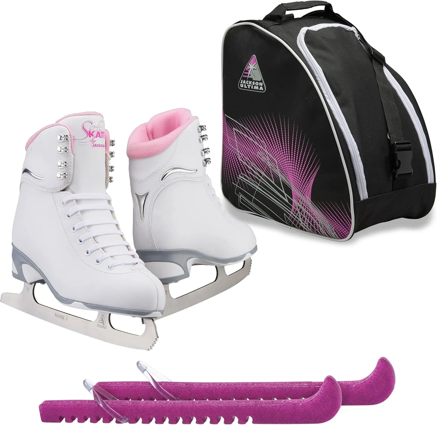 Jackson Ultima Finesse JS181 Figure Ice Skates for Women Bundle with Guardog Skate Guards, Jackson Skate Bag JL350 / Skates Color: Pink/Width: Medium/Size: Youth 12 (Kid's)