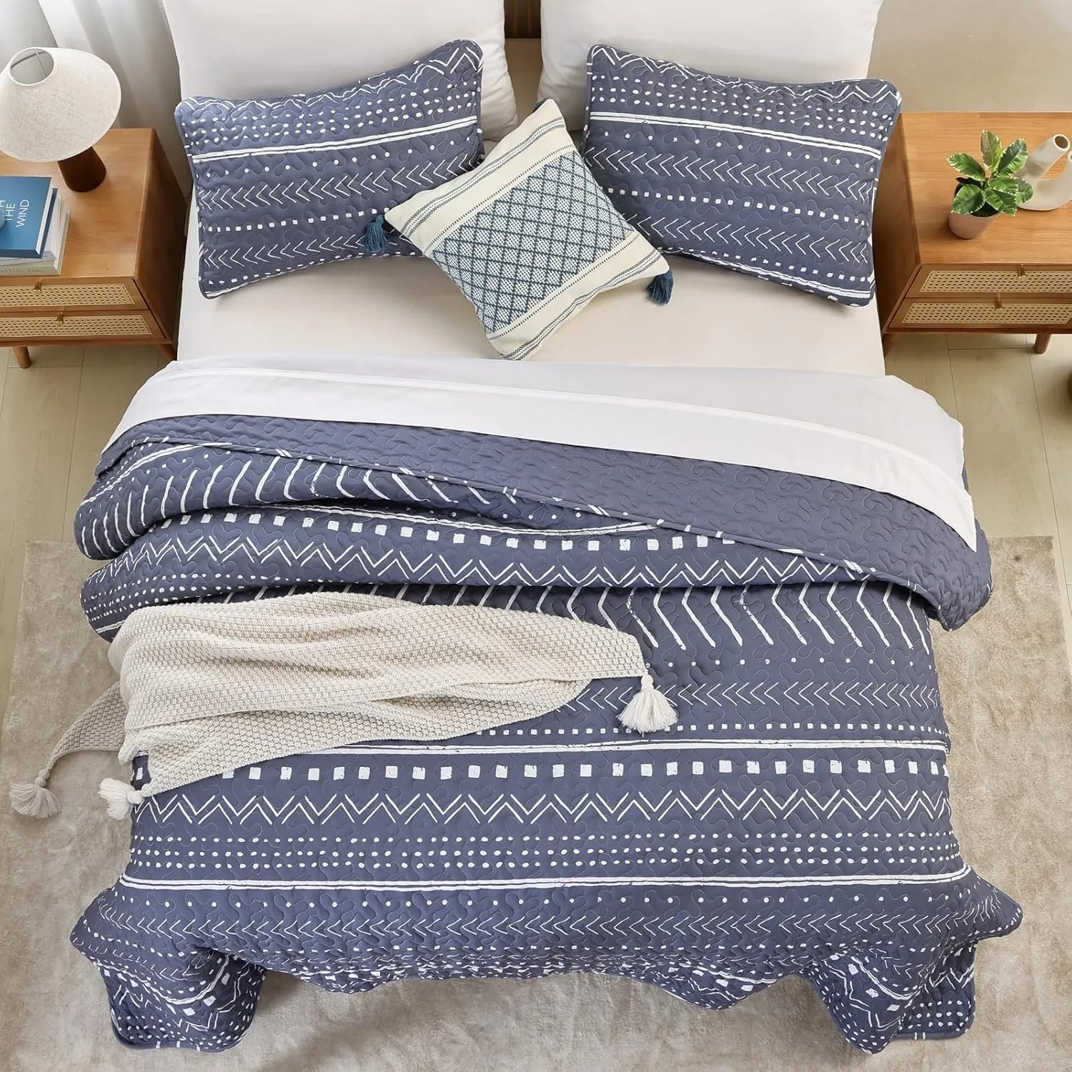 JANZAA Queen Quilt Set 3 PCS, Microfiber Boho Bedspread Set Reversible Coverlet Set with Pillow Cases for All Season (Bluish Greyjihe, Queen)…