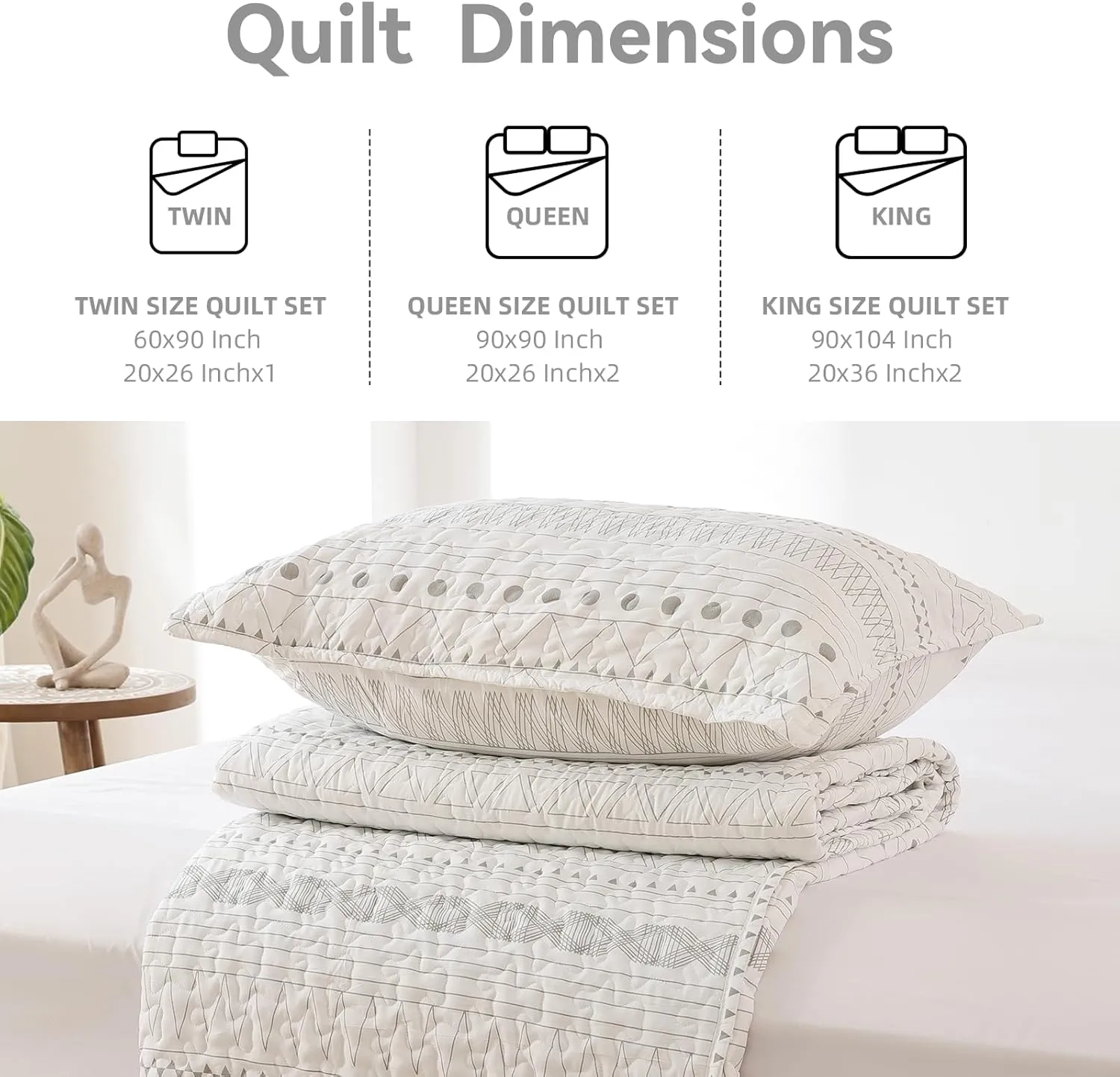 JANZAA Quilt Bedding Set Boho for All Season, 3 PCS Bedspreads Queen Size with Grey Geometry Pattern On White (Two Pillow Cases)