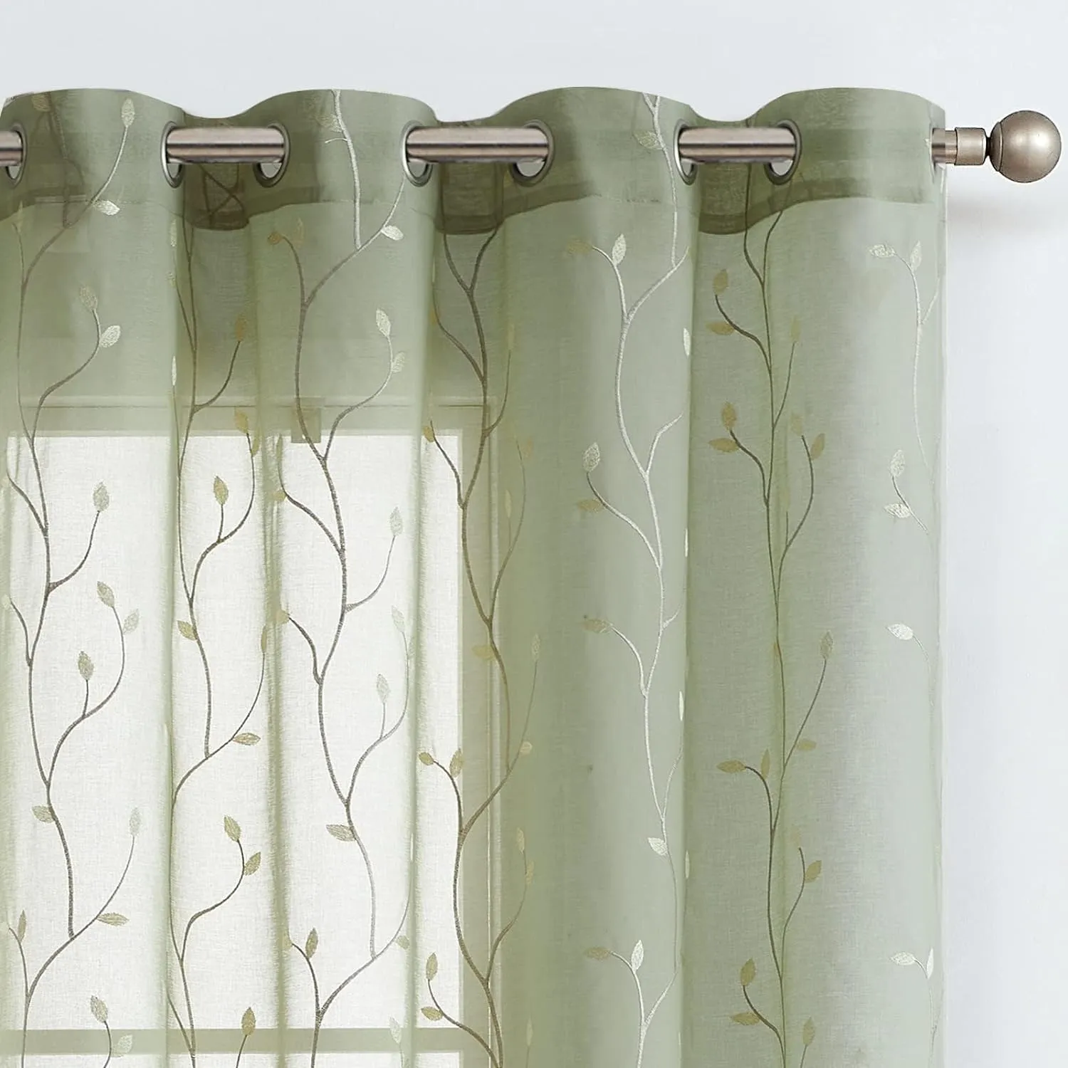 jinchan Green Boho Sheer Linen Curtains for Bedroom 96 Inch Length Floral Embroidered Semi Sheer Privacy Drapes for Living Room Embroidery Voile Transparent Grommet Window Treatments 2 Panels