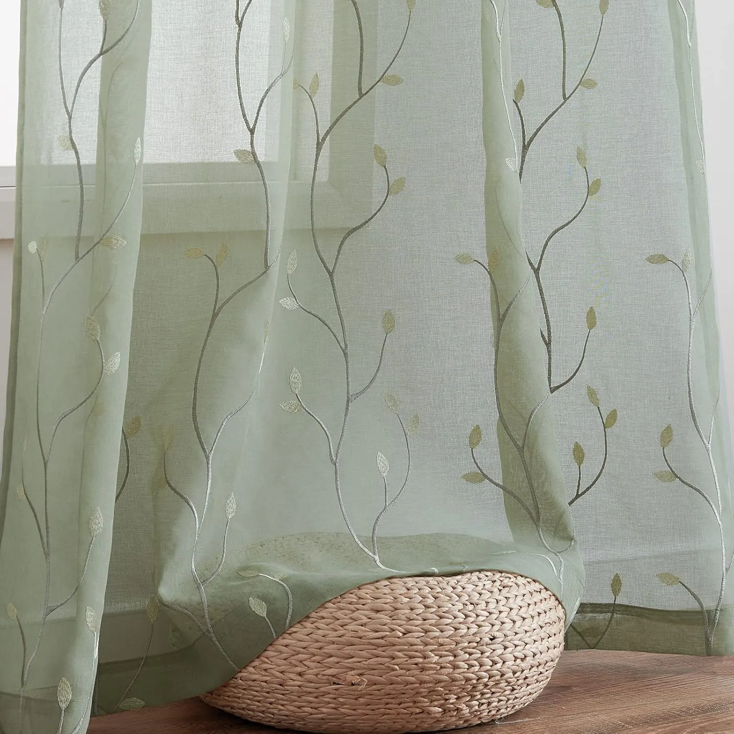 jinchan Green Boho Sheer Linen Curtains for Bedroom 96 Inch Length Floral Embroidered Semi Sheer Privacy Drapes for Living Room Embroidery Voile Transparent Grommet Window Treatments 2 Panels