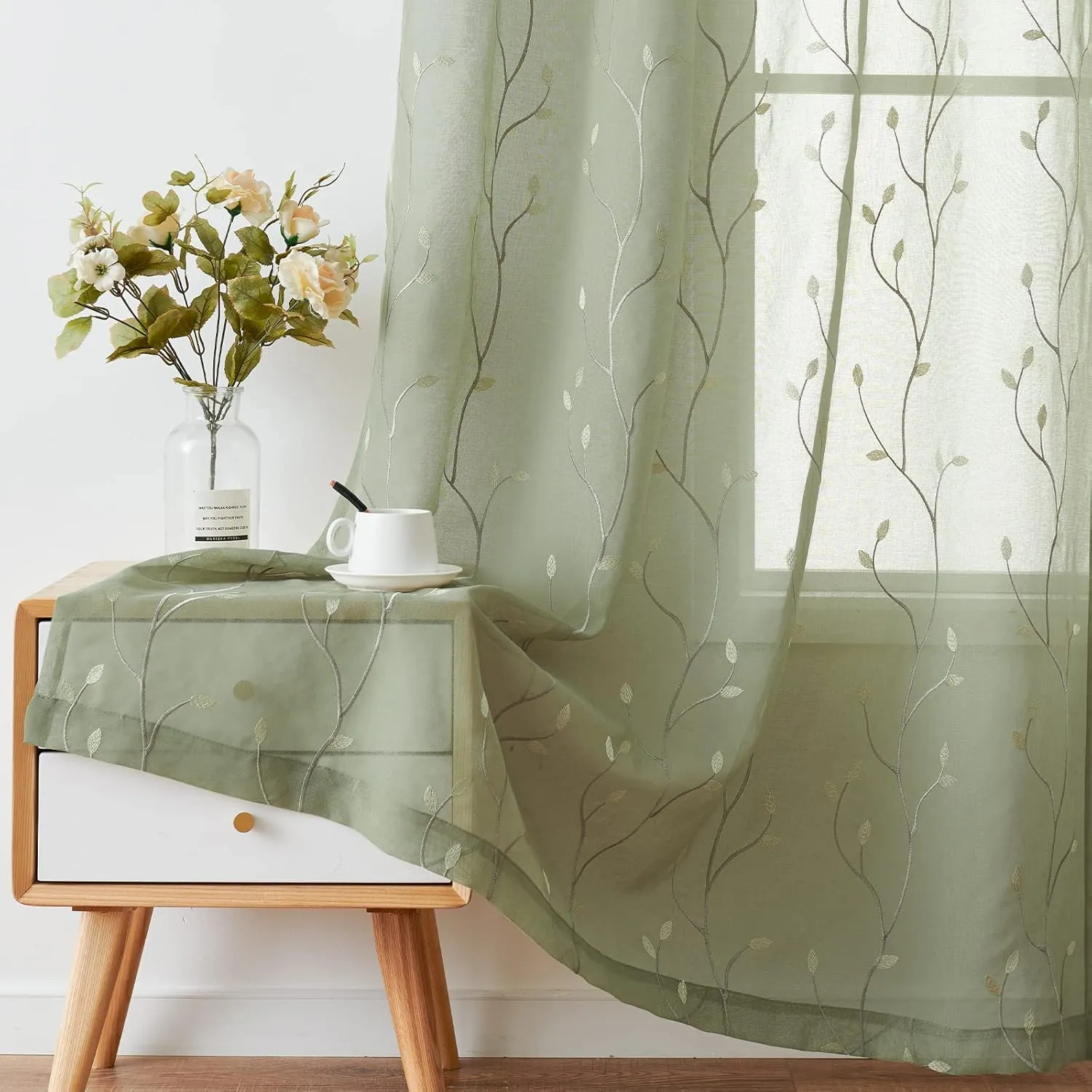 jinchan Green Boho Sheer Linen Curtains for Bedroom 96 Inch Length Floral Embroidered Semi Sheer Privacy Drapes for Living Room Embroidery Voile Transparent Grommet Window Treatments 2 Panels