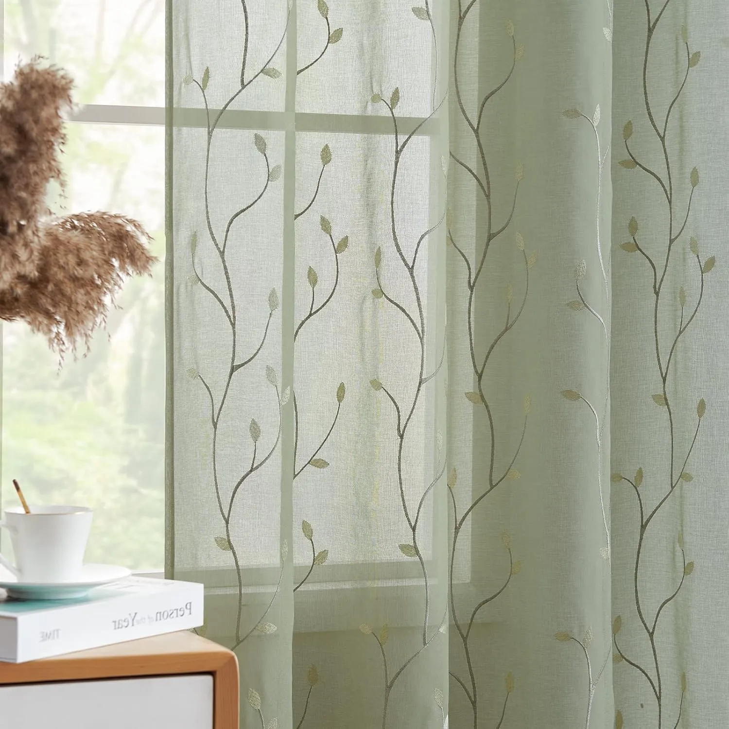 jinchan Green Boho Sheer Linen Curtains for Bedroom 96 Inch Length Floral Embroidered Semi Sheer Privacy Drapes for Living Room Embroidery Voile Transparent Grommet Window Treatments 2 Panels