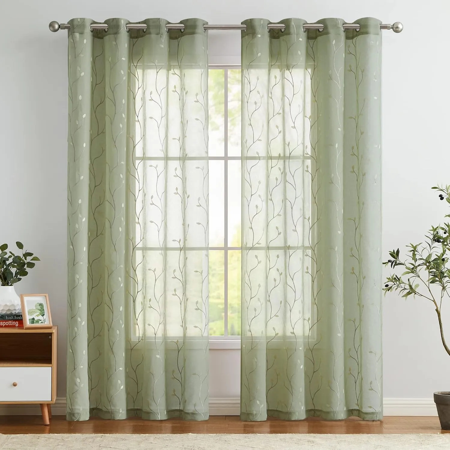 jinchan Green Boho Sheer Linen Curtains for Bedroom 96 Inch Length Floral Embroidered Semi Sheer Privacy Drapes for Living Room Embroidery Voile Transparent Grommet Window Treatments 2 Panels