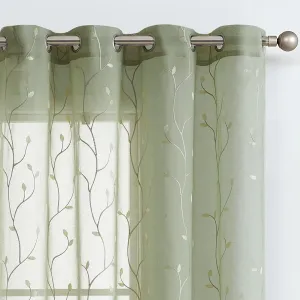 jinchan Green Boho Sheer Linen Curtains for Bedroom 96 Inch Length Floral Embroidered Semi Sheer Privacy Drapes for Living Room Embroidery Voile Transparent Grommet Window Treatments 2 Panels