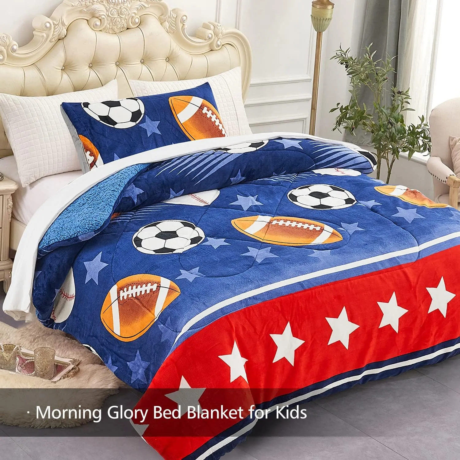 JML Kids Sherpa Blanket Twin Size 60"x 80", 2 Pieces Borrego Bed Set with Pillow Sham, Soft Fluffy Ball Printed Fleece Bed Blanket for Boys, Girls, Kids