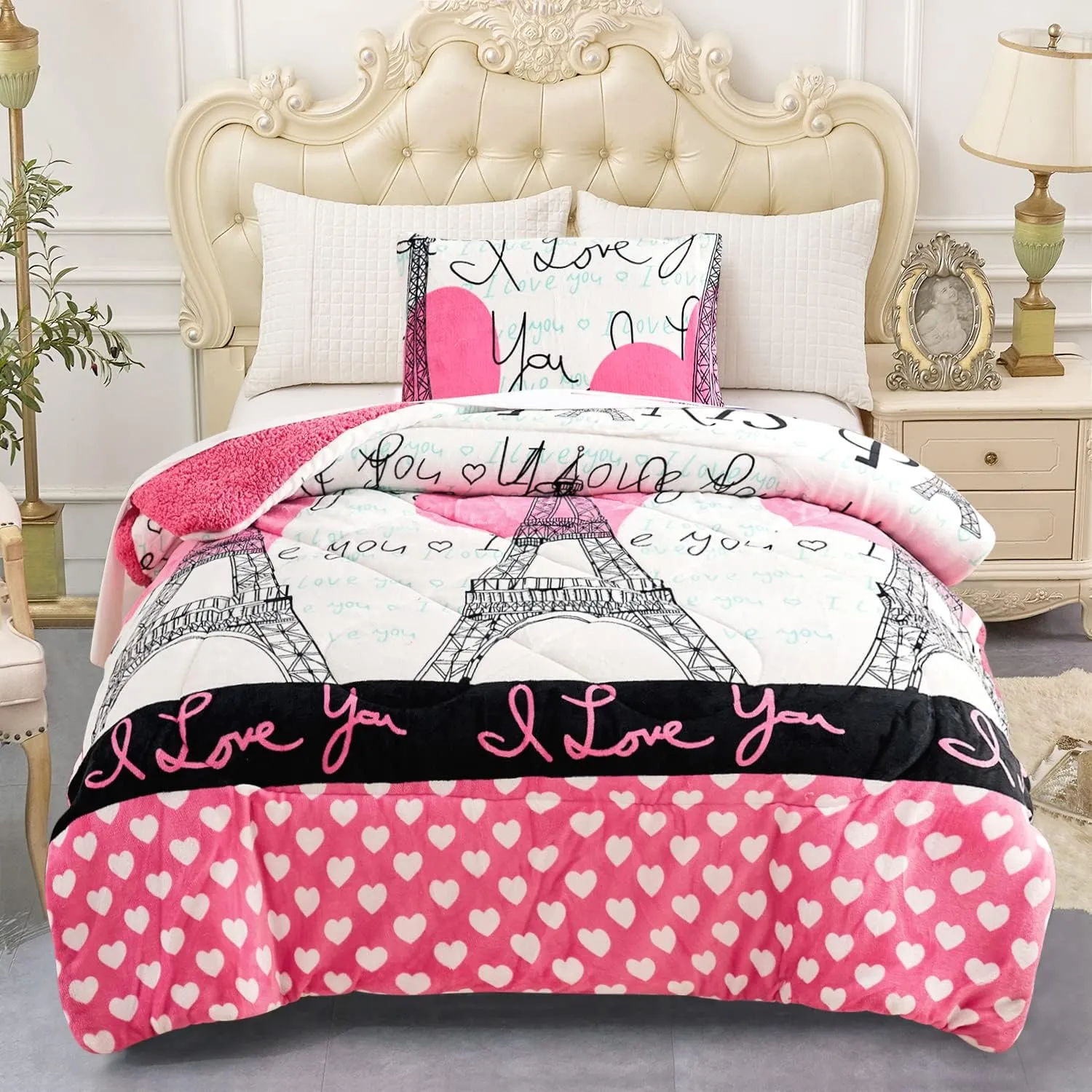 JML Kids Sherpa Blanket Twin Size 60"x 80", 2 Pieces Borrego Bed Set with Pillow Sham, Soft Fluffy Eiffel Towel Printed Fleece Bed Blanket for Boys, Girls,Best Gift Blanket for Children