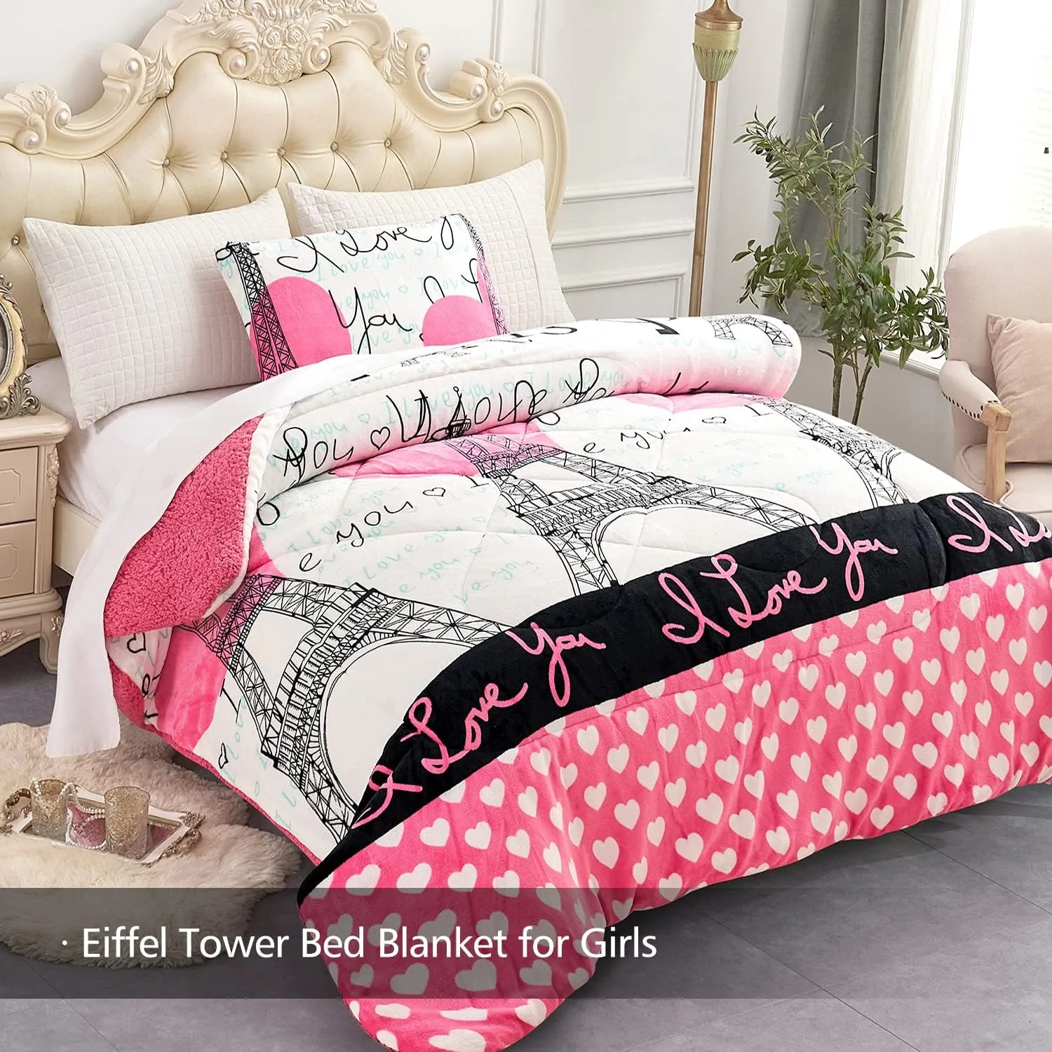 JML Kids Sherpa Blanket Twin Size 60"x 80", 2 Pieces Borrego Bed Set with Pillow Sham, Soft Fluffy Eiffel Towel Printed Fleece Bed Blanket for Boys, Girls,Best Gift Blanket for Children