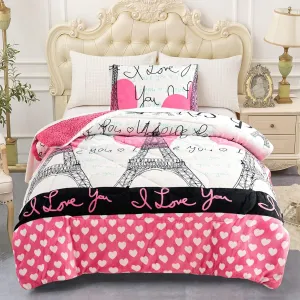 JML Kids Sherpa Blanket Twin Size 60"x 80", 2 Pieces Borrego Bed Set with Pillow Sham, Soft Fluffy Eiffel Towel Printed Fleece Bed Blanket for Boys, Girls,Best Gift Blanket for Children