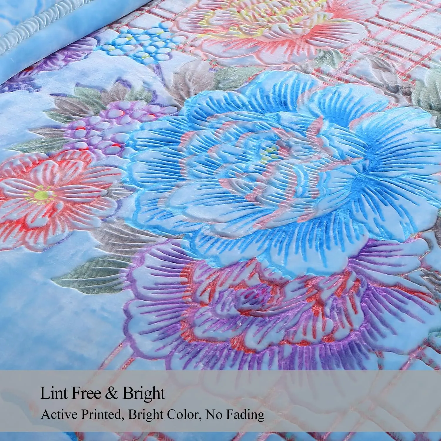 JML Plush Fleece Blanket 87" x 94", 10.5 Pounds Korean Style Mink Blanket King Size for Winter - Soft and Warm, 2 Ply A&B Printed Embossed Raschel Bed Blanket (Blue Flowers)