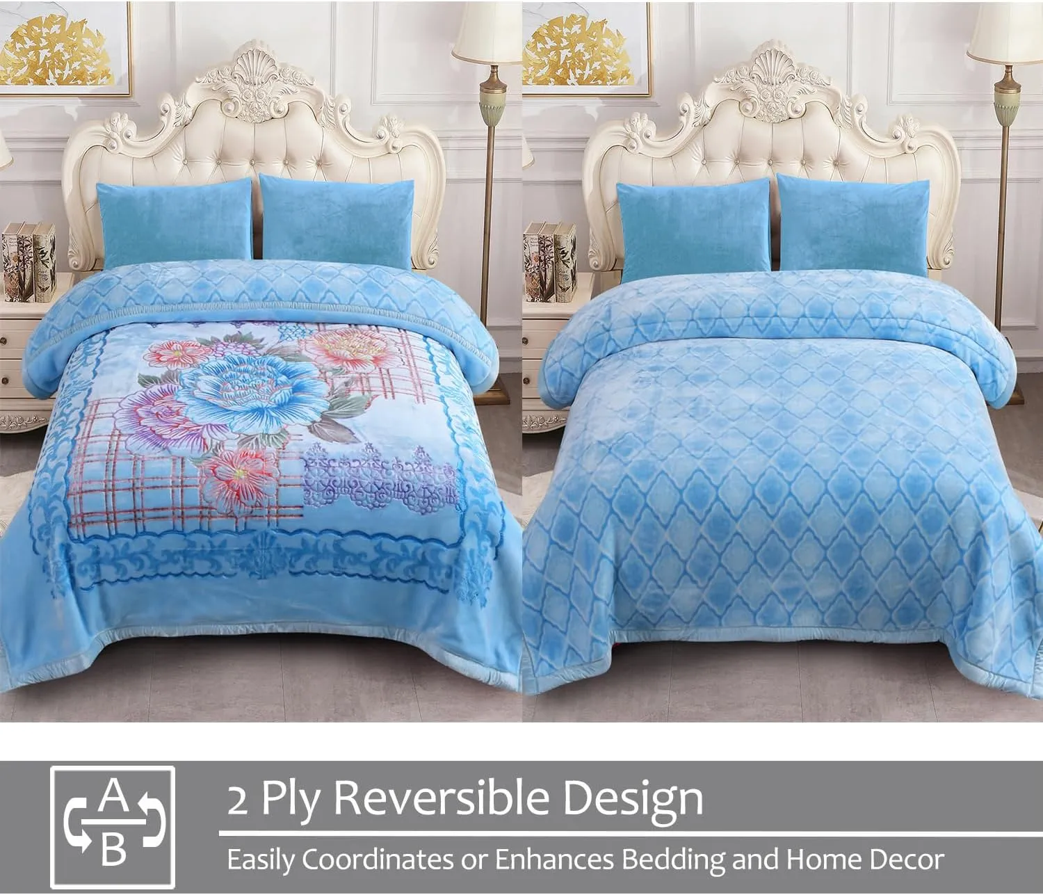 JML Plush Fleece Blanket 87" x 94", 10.5 Pounds Korean Style Mink Blanket King Size for Winter - Soft and Warm, 2 Ply A&B Printed Embossed Raschel Bed Blanket (Blue Flowers)