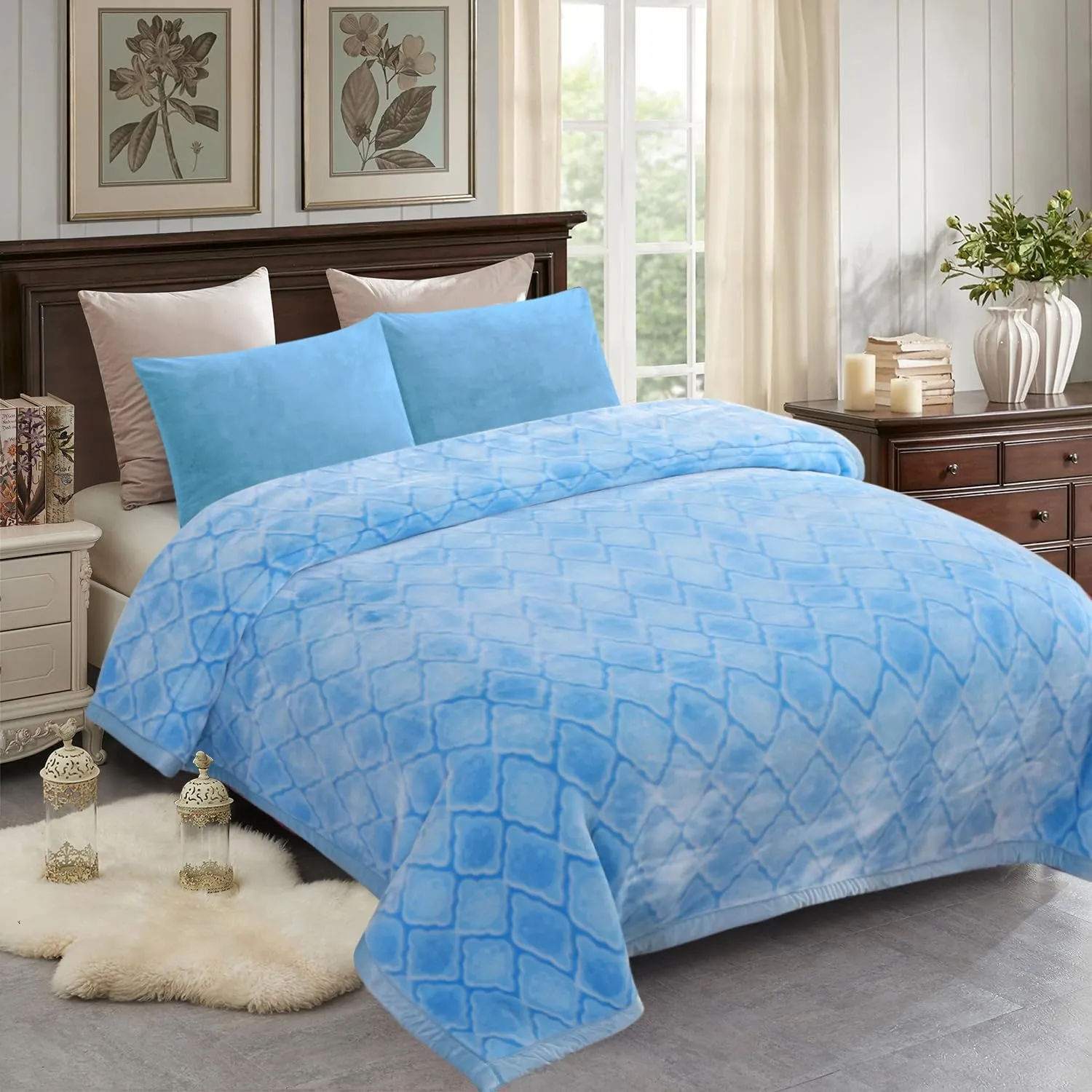 JML Plush Fleece Blanket 87" x 94", 10.5 Pounds Korean Style Mink Blanket King Size for Winter - Soft and Warm, 2 Ply A&B Printed Embossed Raschel Bed Blanket (Blue Flowers)