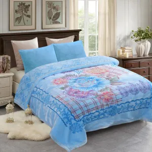 JML Plush Fleece Blanket 87" x 94", 10.5 Pounds Korean Style Mink Blanket King Size for Winter - Soft and Warm, 2 Ply A&B Printed Embossed Raschel Bed Blanket (Blue Flowers)
