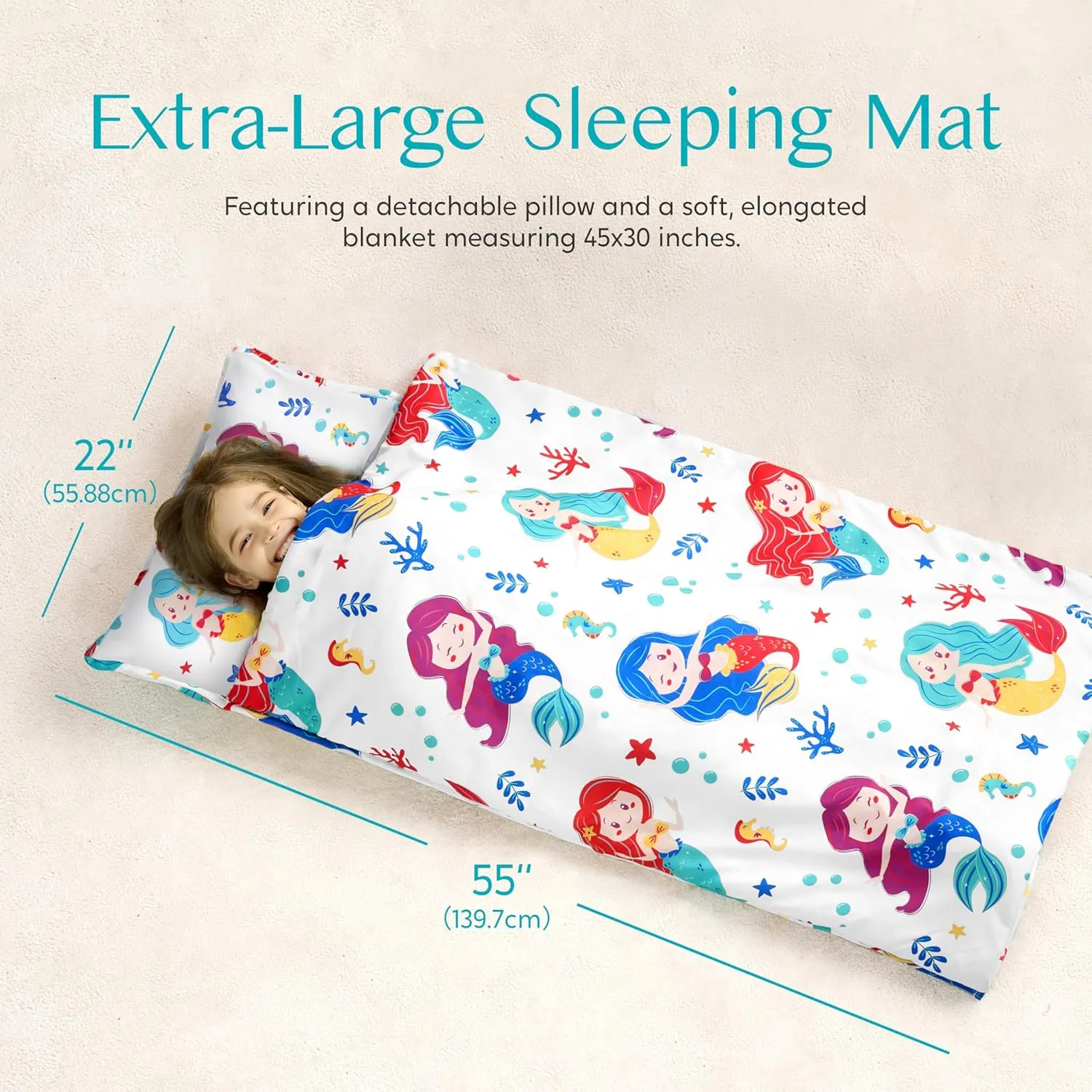 JOIEDOMI Toddler Nap Mat with Pillow & Blanket 55''*30'' for Kids Ages 3-7 Years Roll Up Nap Mat for Preschool Soft Kids Sleeping Bag for Boys Girls Kindergarten Daycare Sleepover