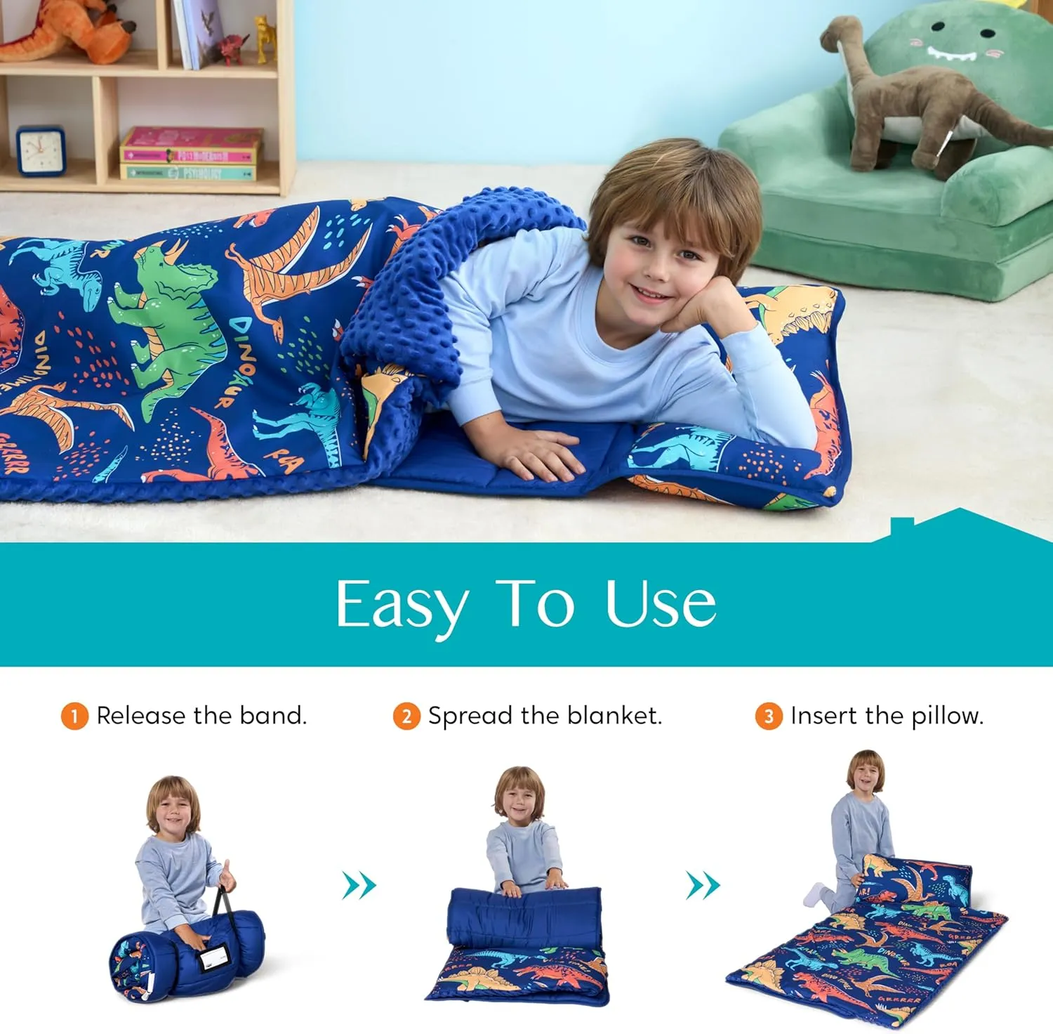 JOIEDOMI Toddler Nap Mat with Pillow & Blanket 55''*30'' for Kids Ages 3-7 Years Roll Up Nap Mat for Preschool Soft Kids Sleeping Bag for Boys Girls Kindergarten Daycare Sleepover