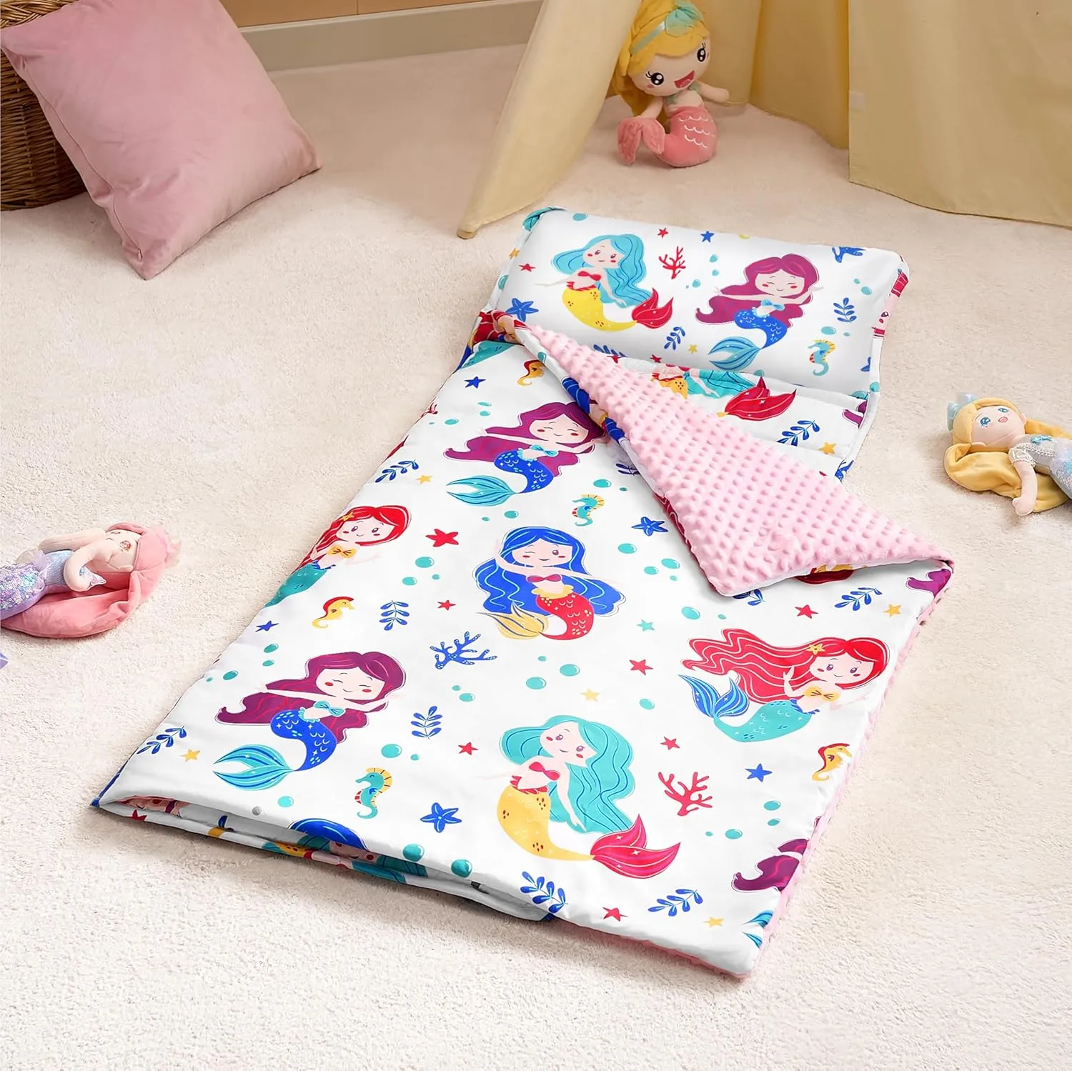 JOIEDOMI Toddler Nap Mat with Pillow & Blanket 55''*30'' for Kids Ages 3-7 Years Roll Up Nap Mat for Preschool Soft Kids Sleeping Bag for Boys Girls Kindergarten Daycare Sleepover