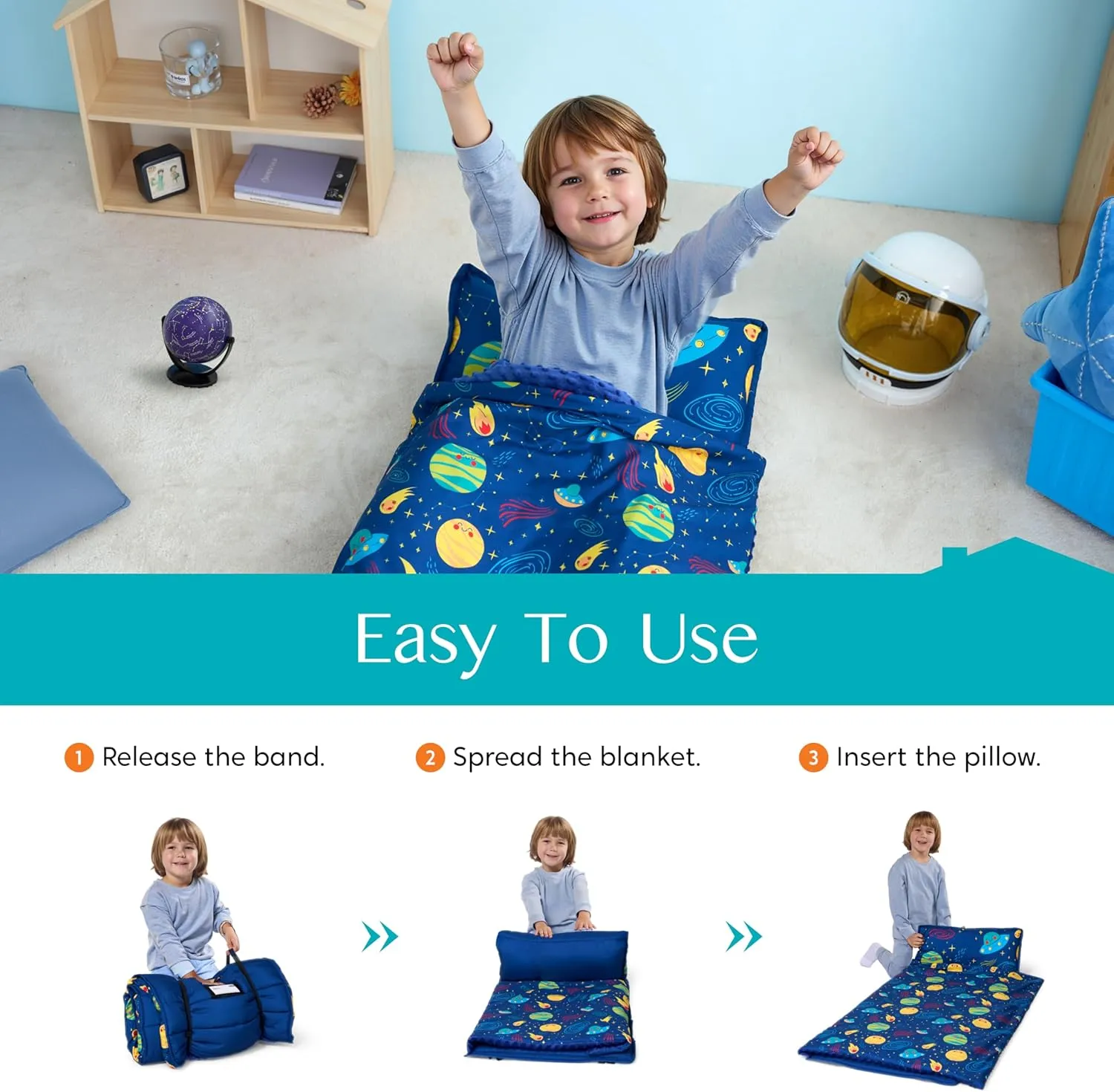 JOIEDOMI Toddler Nap Mat with Pillow & Blanket 55''*30'' for Kids Ages 3-7 Years Roll Up Nap Mat for Preschool Soft Kids Sleeping Bag for Boys Girls Kindergarten Daycare Sleepover