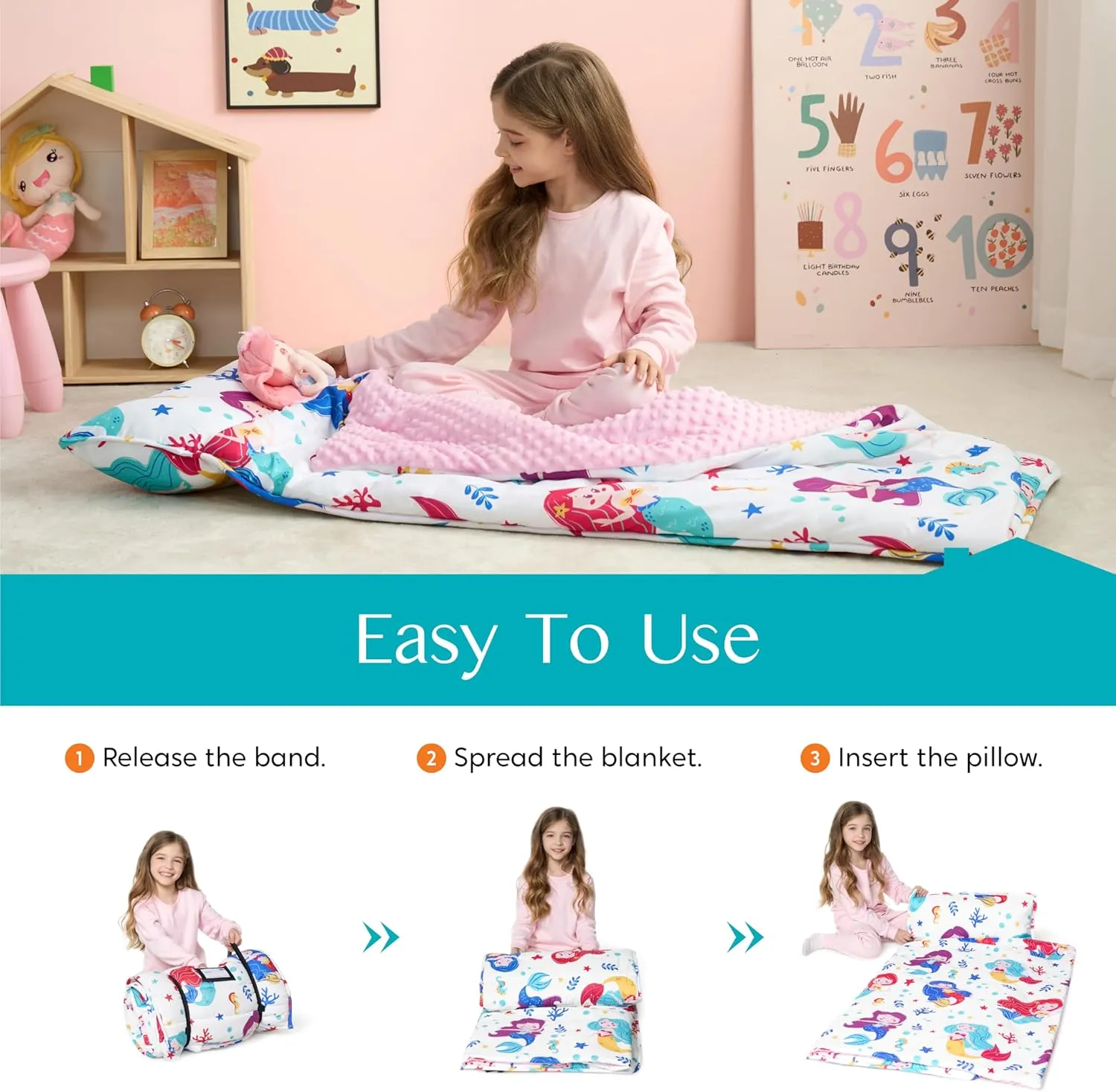 JOIEDOMI Toddler Nap Mat with Pillow & Blanket 55''*30'' for Kids Ages 3-7 Years Roll Up Nap Mat for Preschool Soft Kids Sleeping Bag for Boys Girls Kindergarten Daycare Sleepover