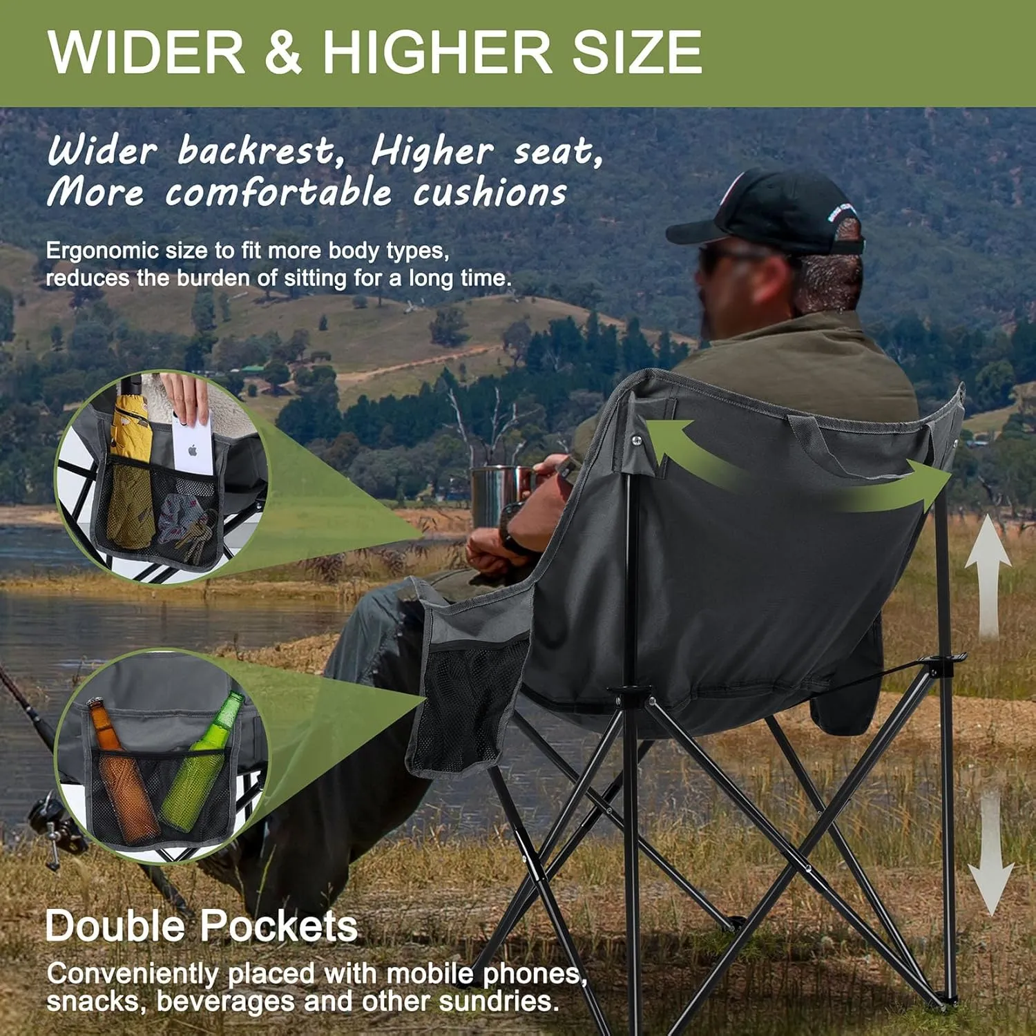 Joyfair Outdoor Camping Chair for Adult, Large Portable Folding Moon Chairs with Carry Bag for Patio Beach, Fishing, Lawn and More Outdoor Sports, 600D Oxford Fabric & Heavy Duty Steel (2, Grey)