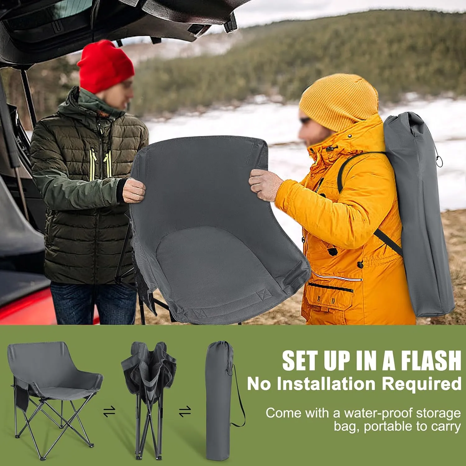Joyfair Outdoor Camping Chair for Adult, Large Portable Folding Moon Chairs with Carry Bag for Patio Beach, Fishing, Lawn and More Outdoor Sports, 600D Oxford Fabric & Heavy Duty Steel (2, Grey)