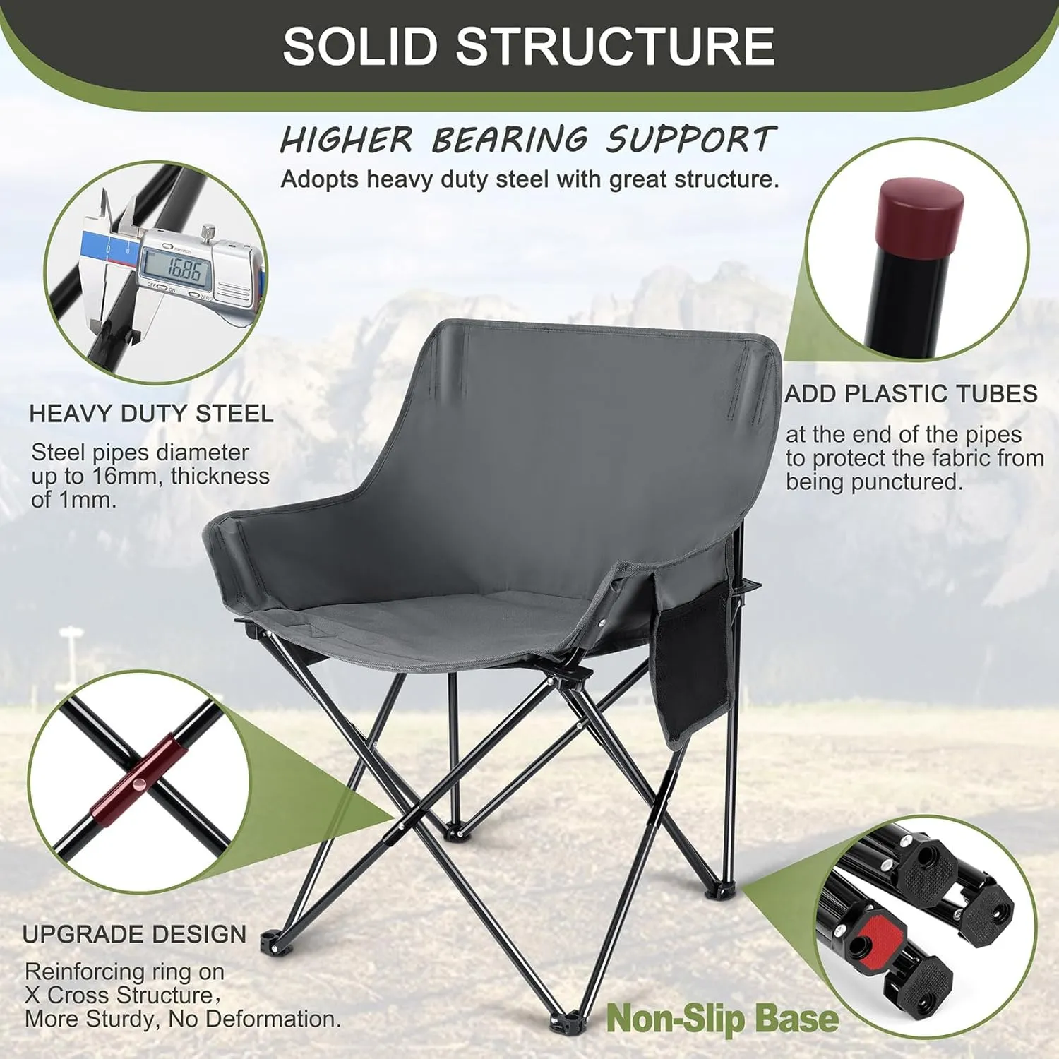 Joyfair Outdoor Camping Chair for Adult, Large Portable Folding Moon Chairs with Carry Bag for Patio Beach, Fishing, Lawn and More Outdoor Sports, 600D Oxford Fabric & Heavy Duty Steel (2, Grey)