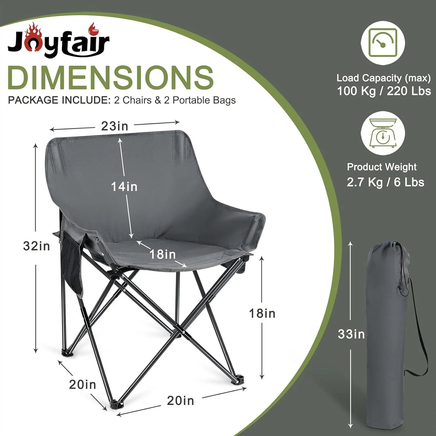 Joyfair Outdoor Camping Chair for Adult, Large Portable Folding Moon Chairs with Carry Bag for Patio Beach, Fishing, Lawn and More Outdoor Sports, 600D Oxford Fabric & Heavy Duty Steel (2, Grey)