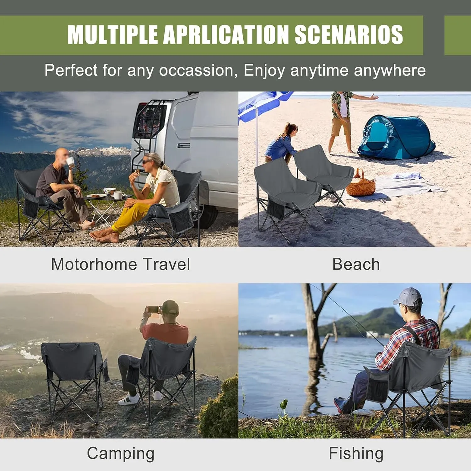 Joyfair Outdoor Camping Chair for Adult, Large Portable Folding Moon Chairs with Carry Bag for Patio Beach, Fishing, Lawn and More Outdoor Sports, 600D Oxford Fabric & Heavy Duty Steel (2, Grey)